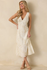 To Be Clear Ivory Gold Bead Embroidered Floral Print Midi Dress