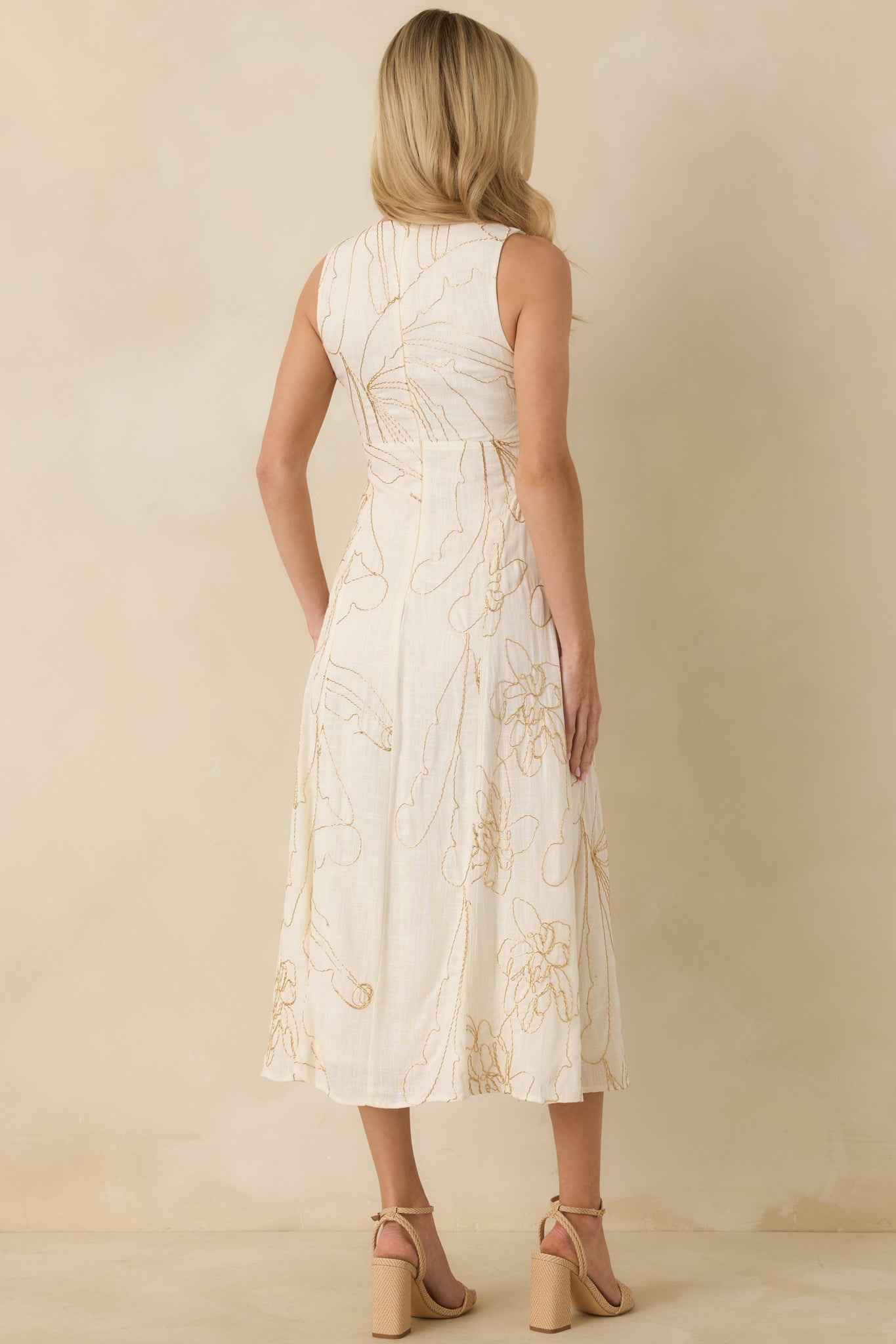 To Be Clear Ivory Gold Bead Embroidered Floral Print Midi Dress