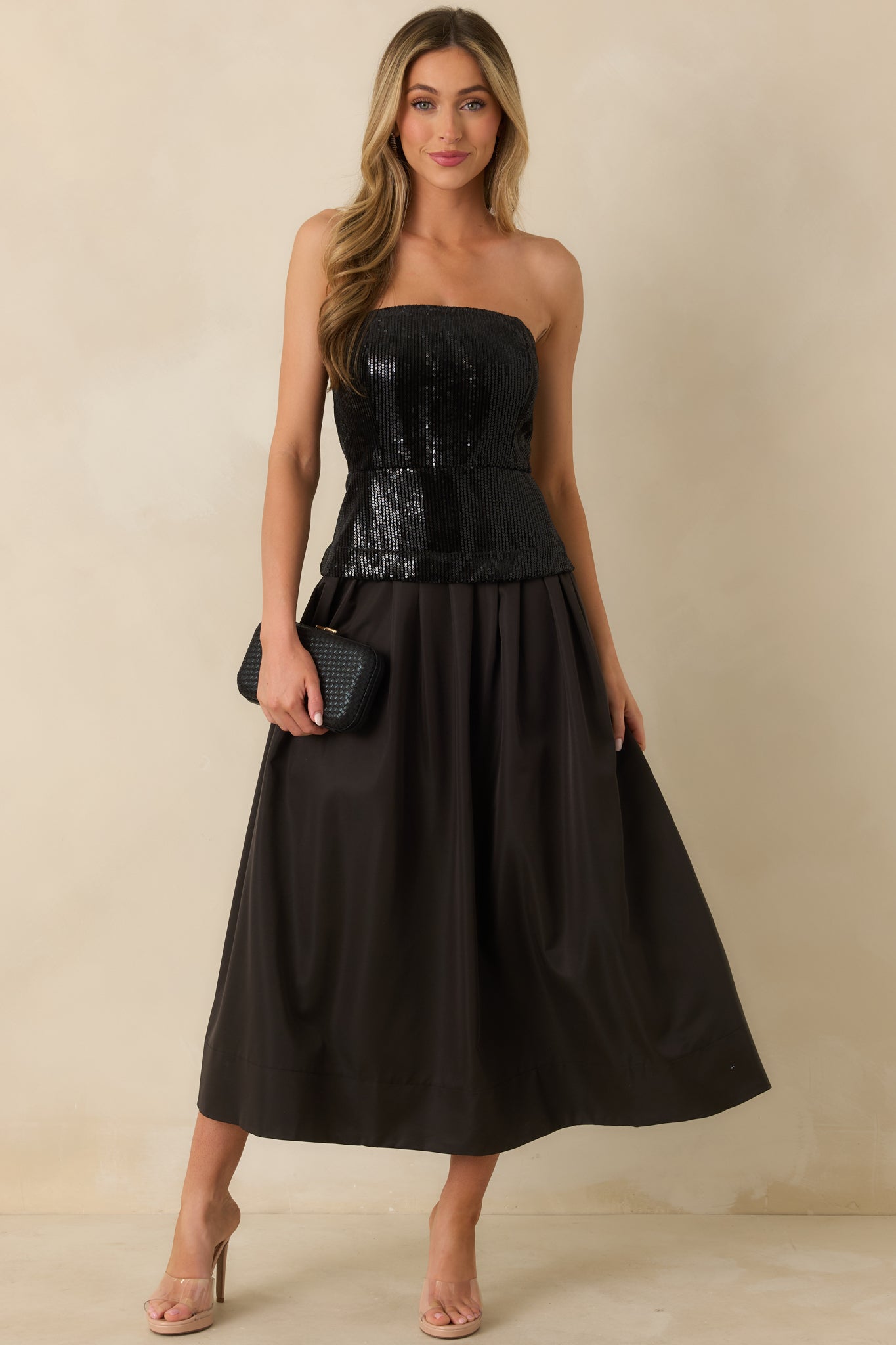 Sips & Sparkles Black Sequin Strapless Midi Dress