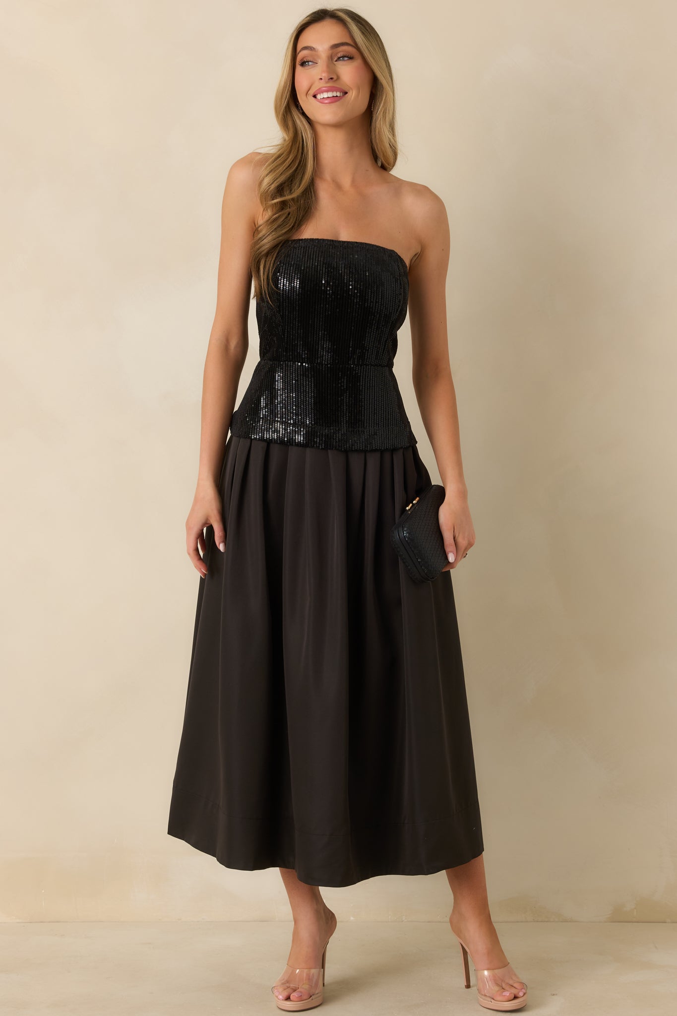 Sips & Sparkles Black Sequin Strapless Midi Dress