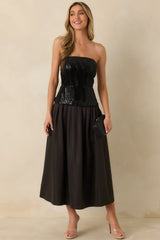 Sips & Sparkles Black Sequin Strapless Midi Dress