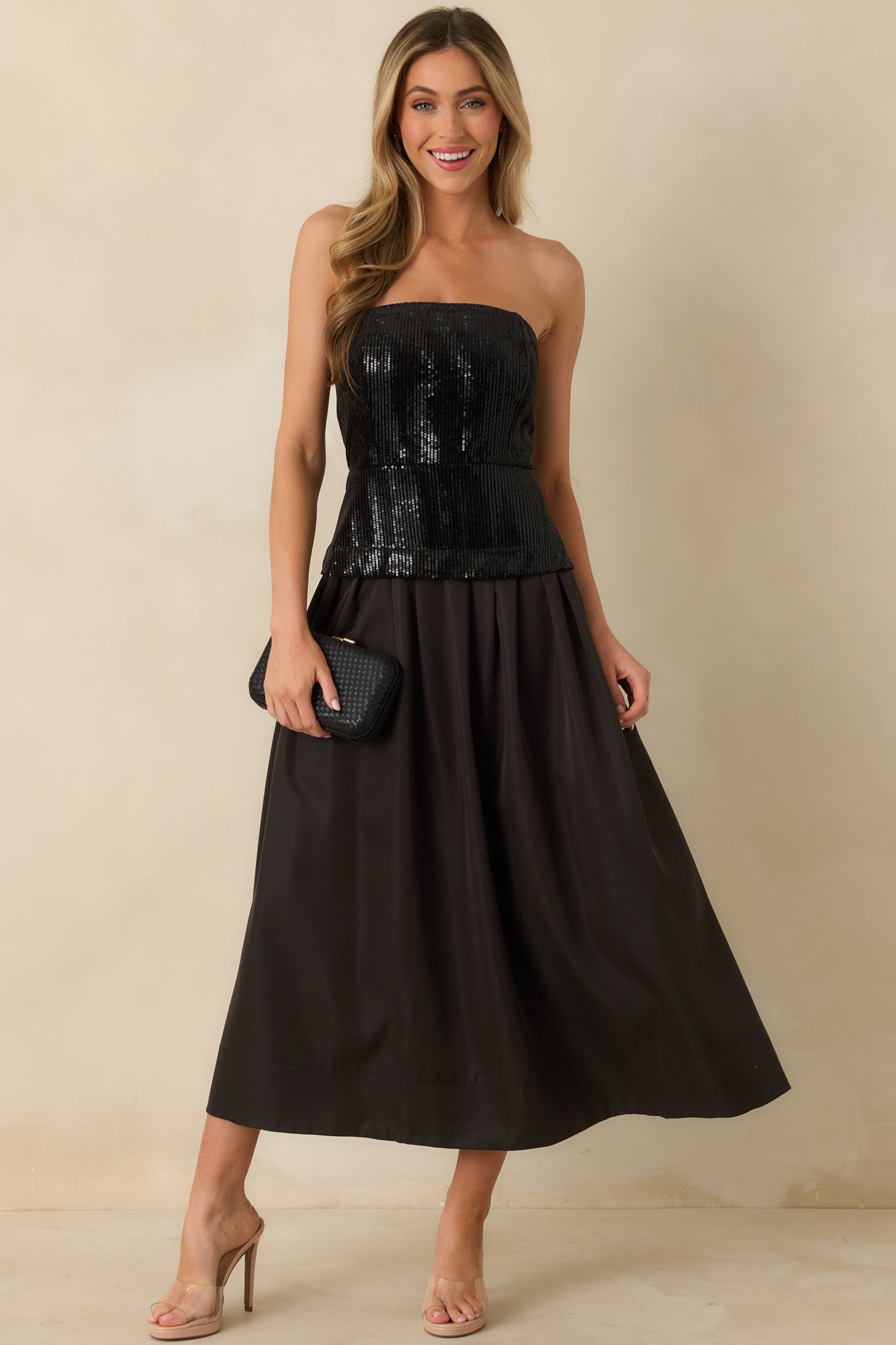 Sips & Sparkles Black Sequin Strapless Midi Dress