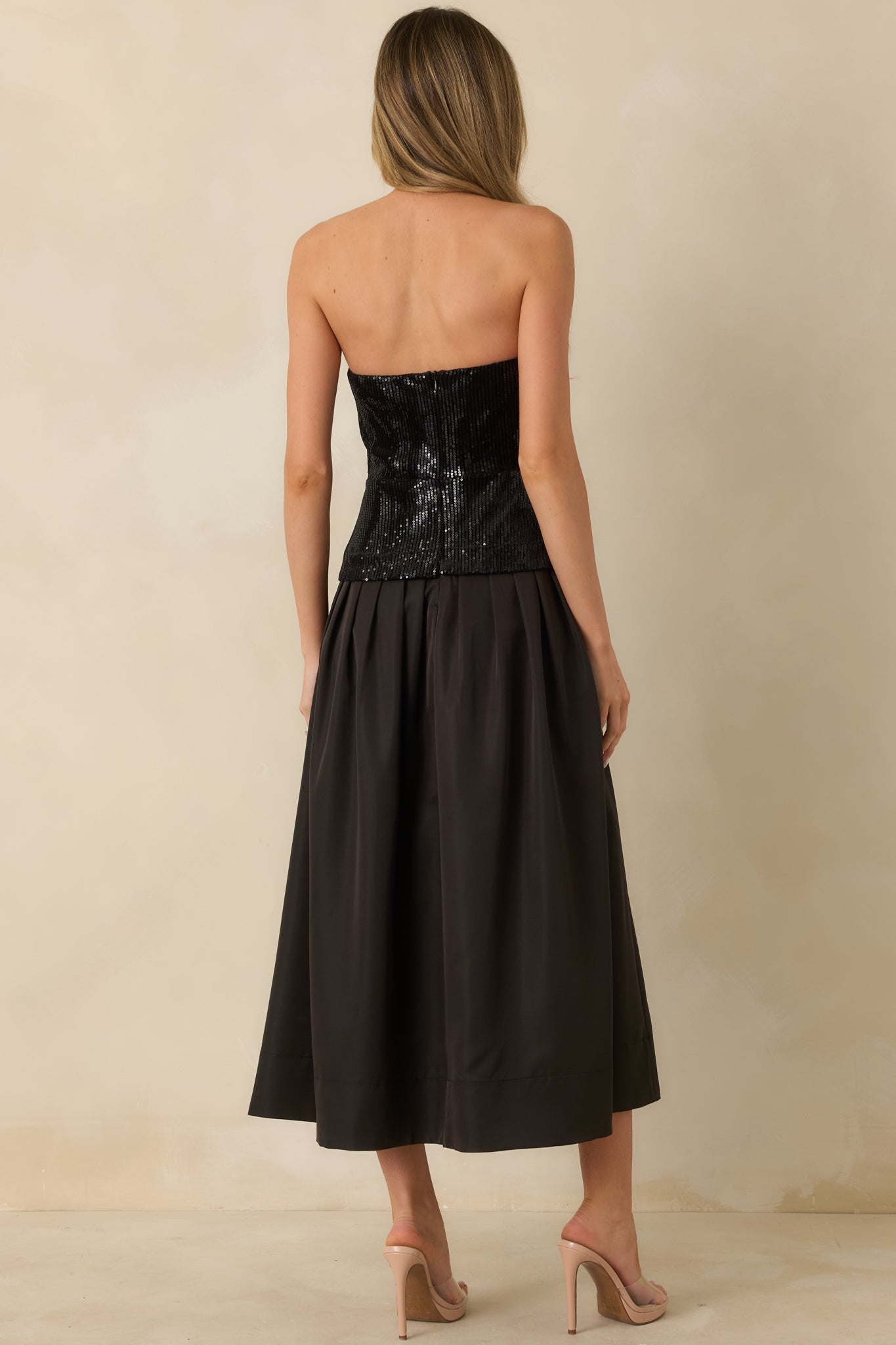 Sips & Sparkles Black Sequin Strapless Midi Dress