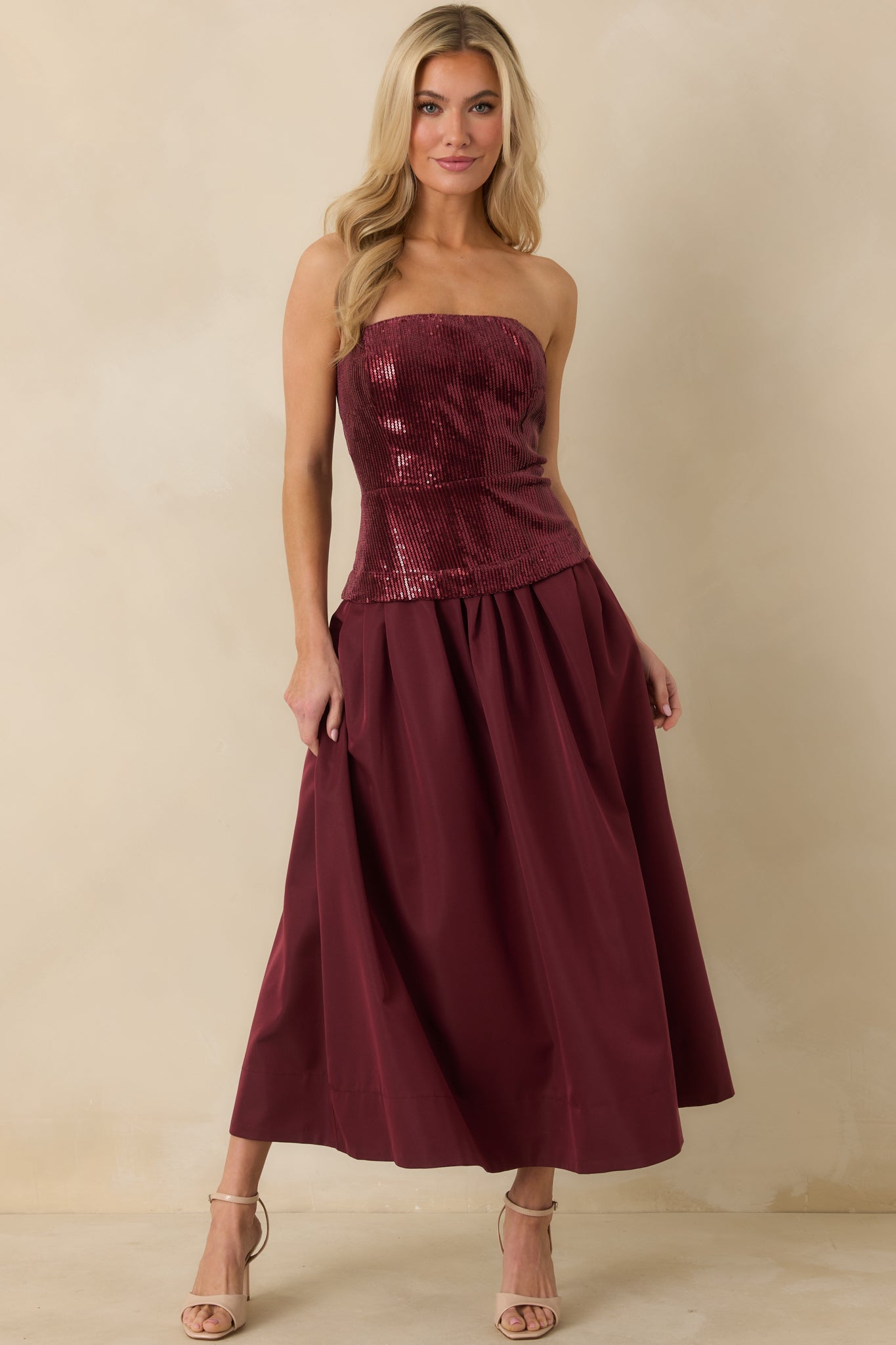 Sips & Sparkles Wine Red Sequin Strapless Midi Dress