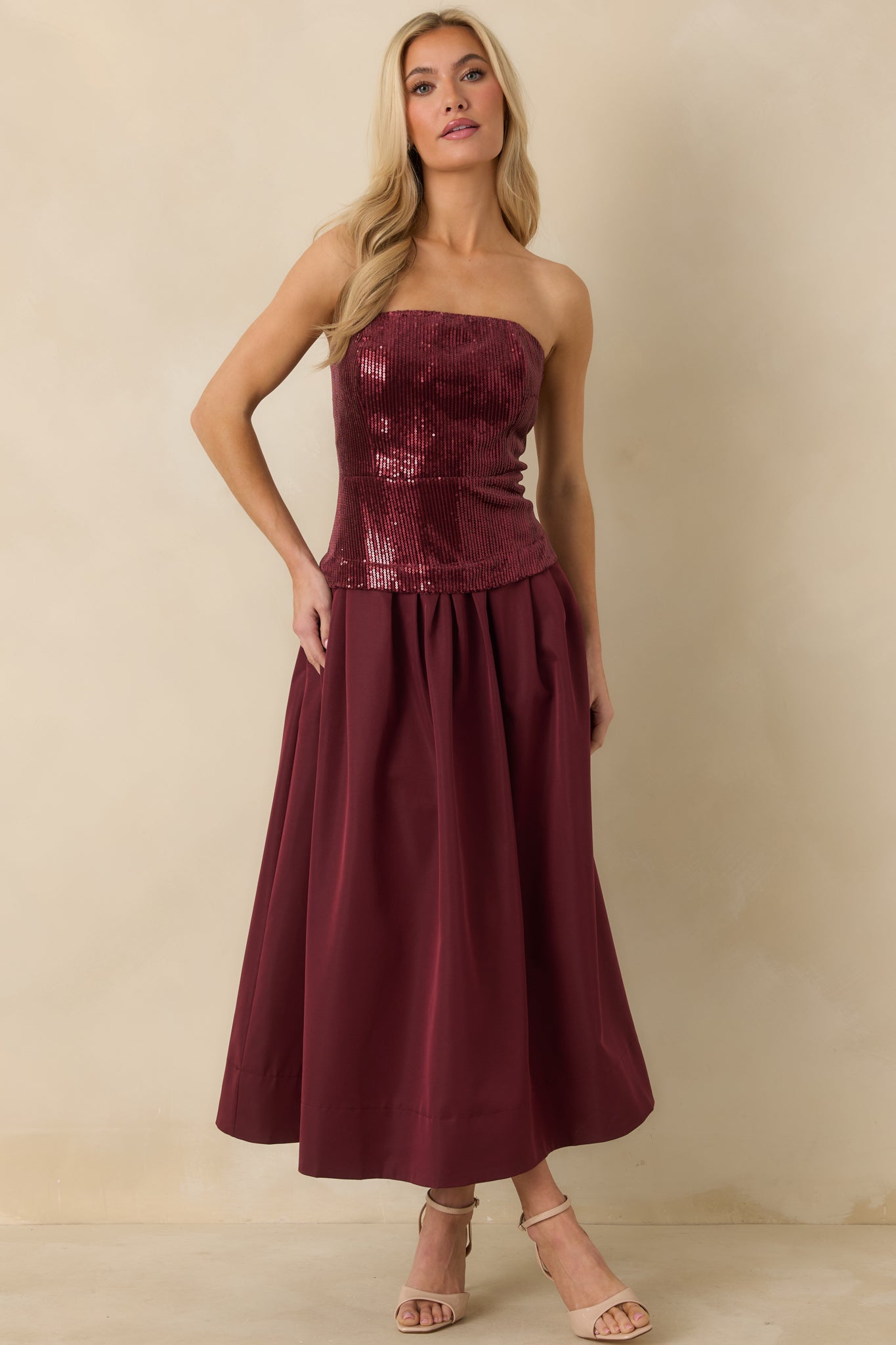 Sips & Sparkles Wine Red Sequin Strapless Midi Dress