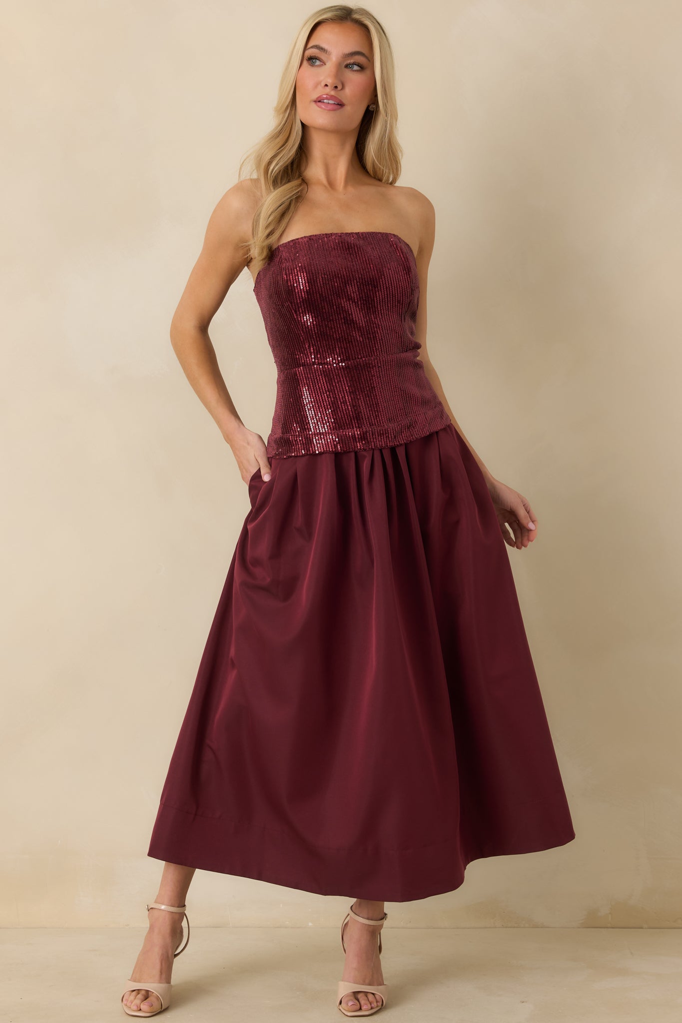 Sips & Sparkles Wine Red Sequin Strapless Midi Dress
