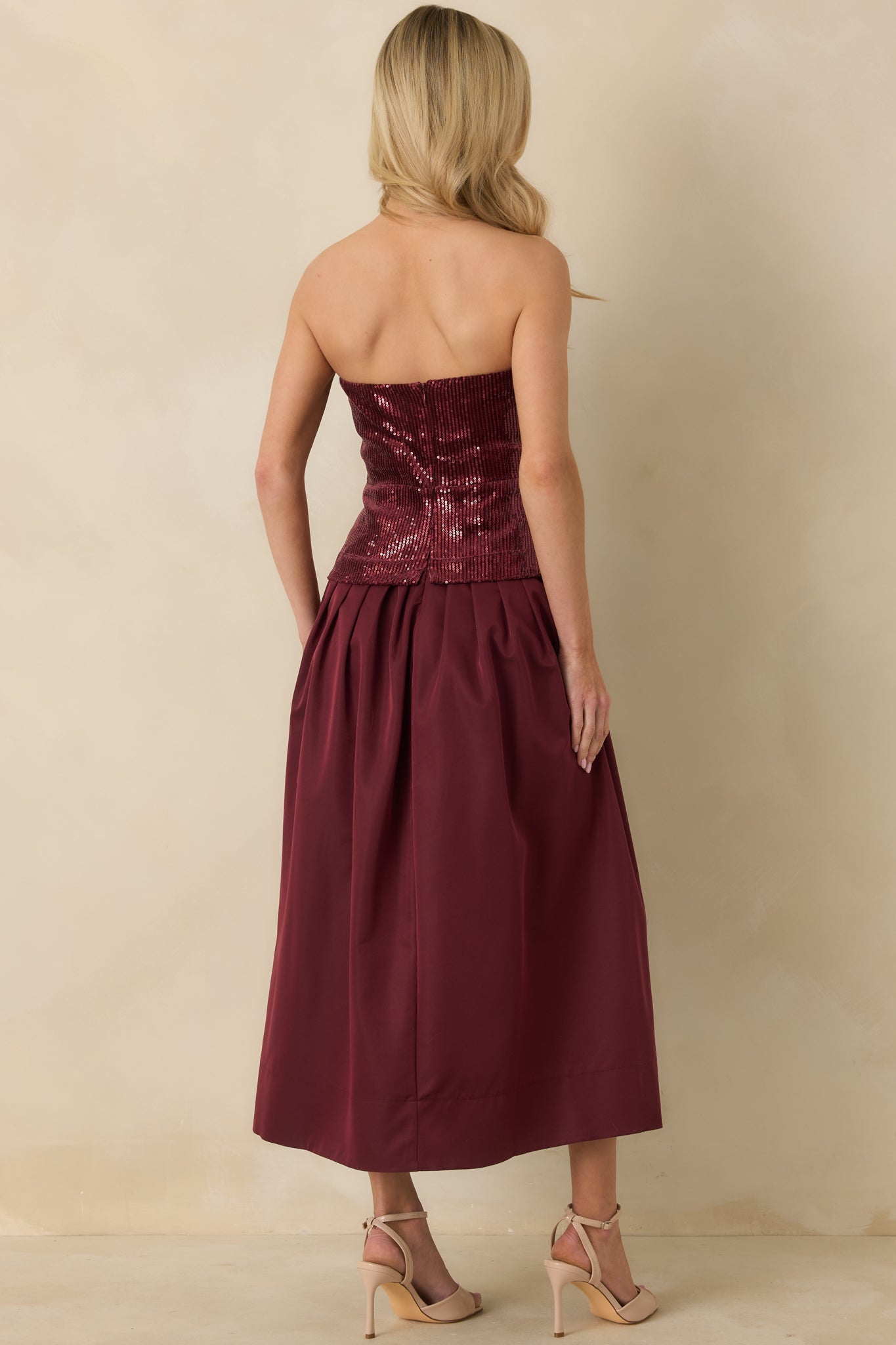 Sips & Sparkles Wine Red Sequin Strapless Midi Dress