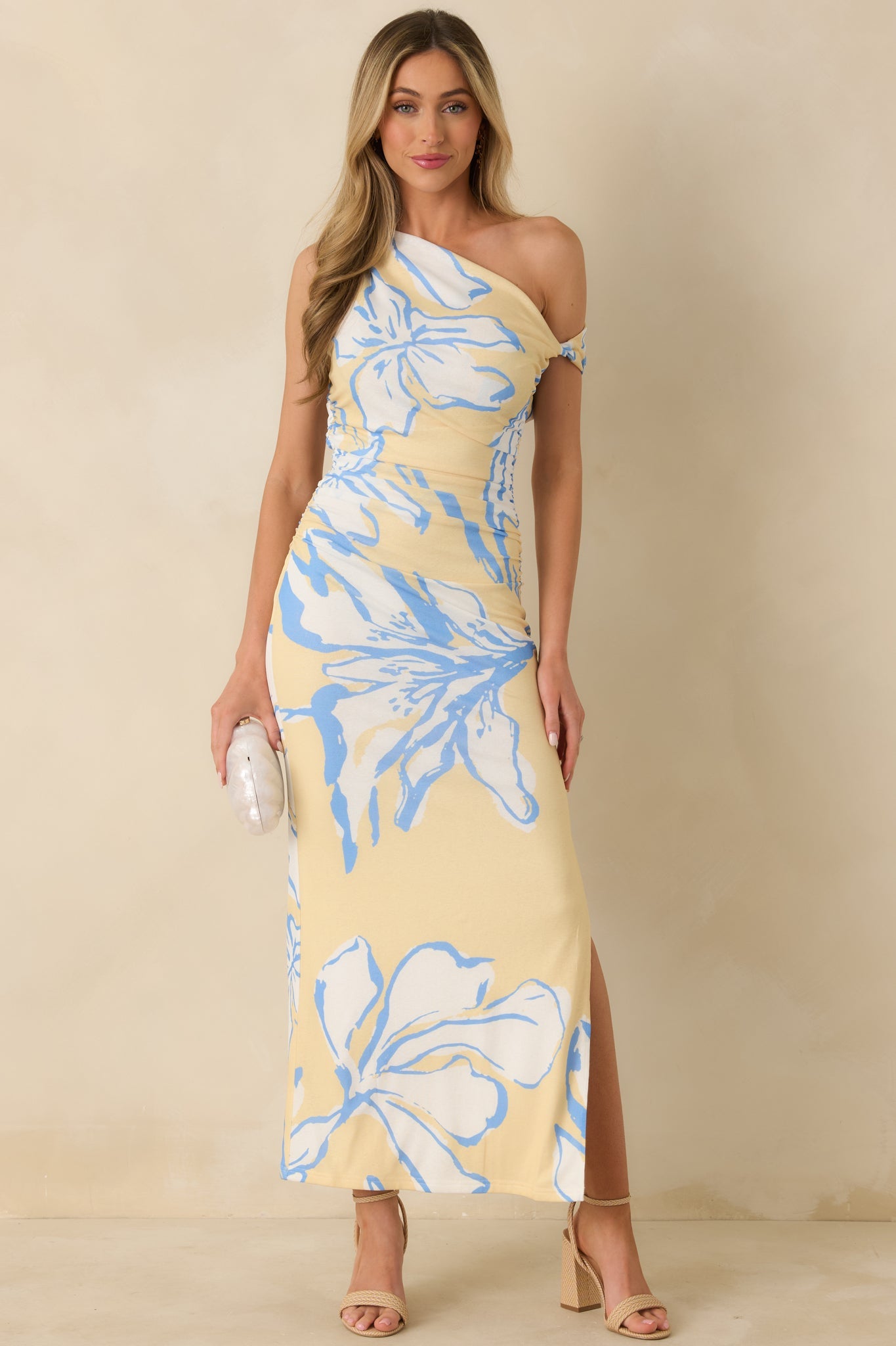 MINKPINK Esme Yellow & Blue Floral Asymmetric Mesh Maxi Dress