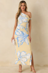 MINKPINK Esme Yellow & Blue Floral Asymmetric Mesh Maxi Dress