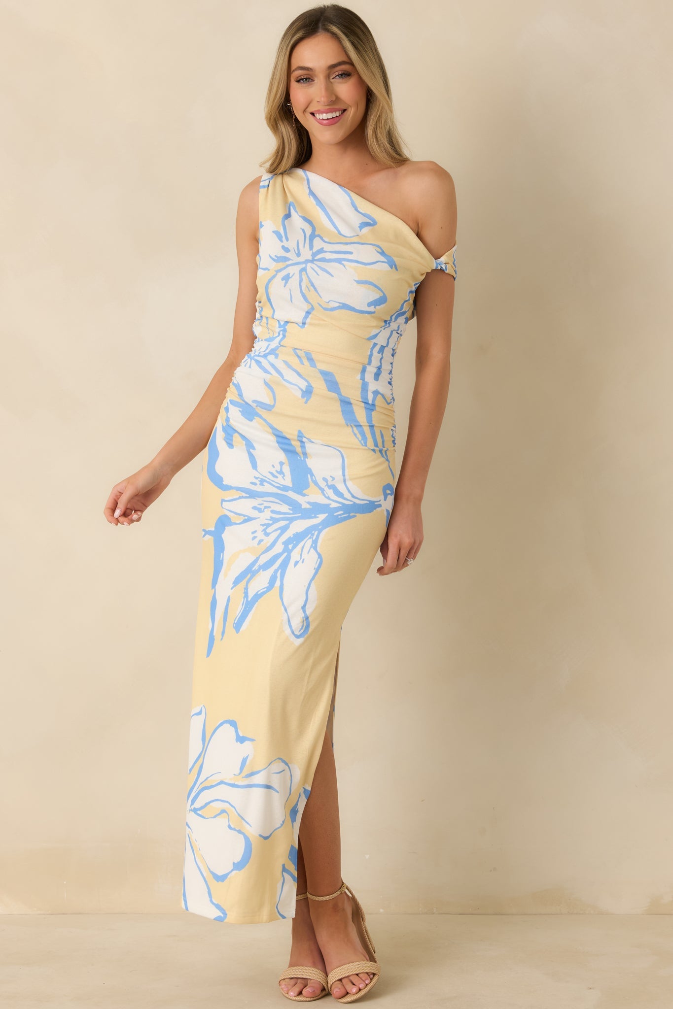 MINKPINK Esme Yellow & Blue Floral Asymmetric Mesh Maxi Dress
