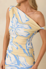 MINKPINK Esme Yellow & Blue Floral Asymmetric Mesh Maxi Dress