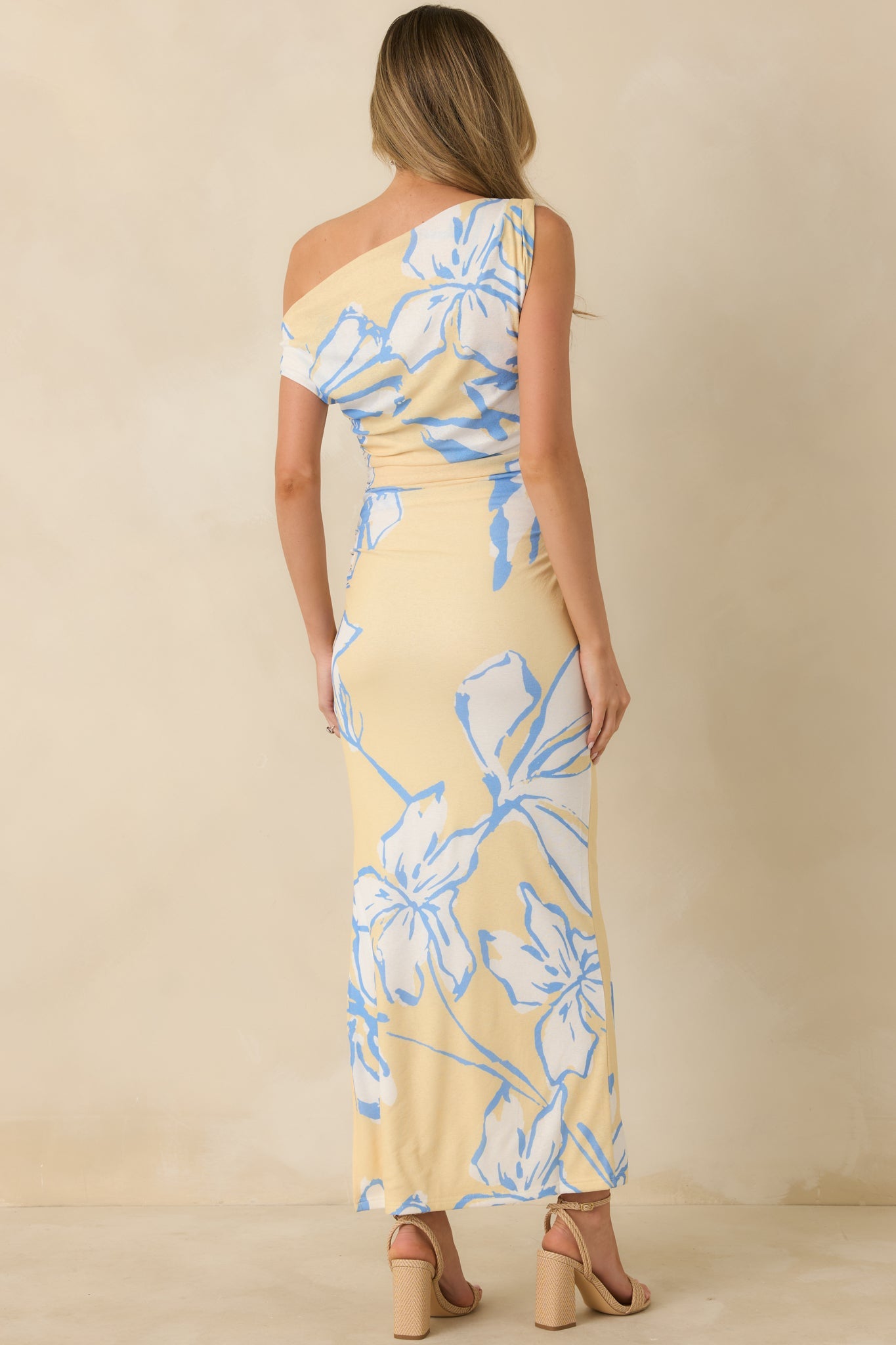 MINKPINK Esme Yellow & Blue Floral Asymmetric Mesh Maxi Dress