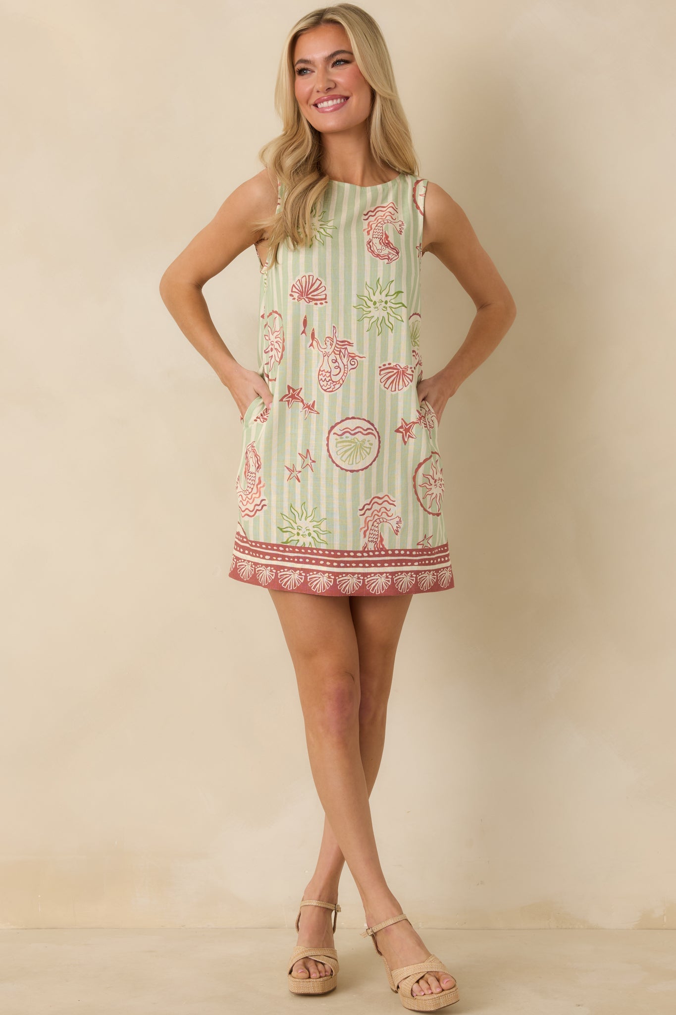 MINKPINK Soleil Green Stripe Linen Blend Shift Mini Dress