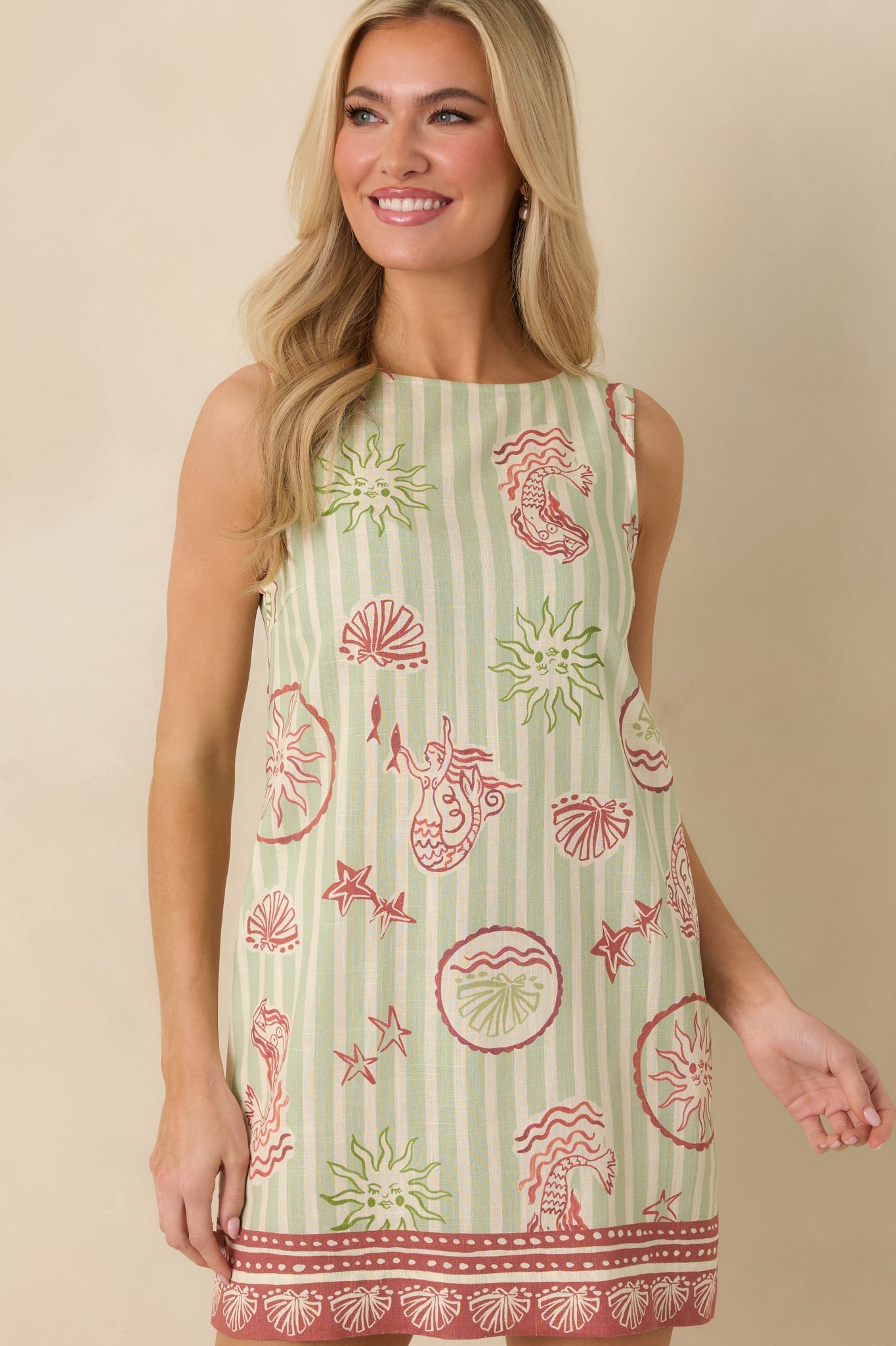 MINKPINK Soleil Green Stripe Linen Blend Shift Mini Dress