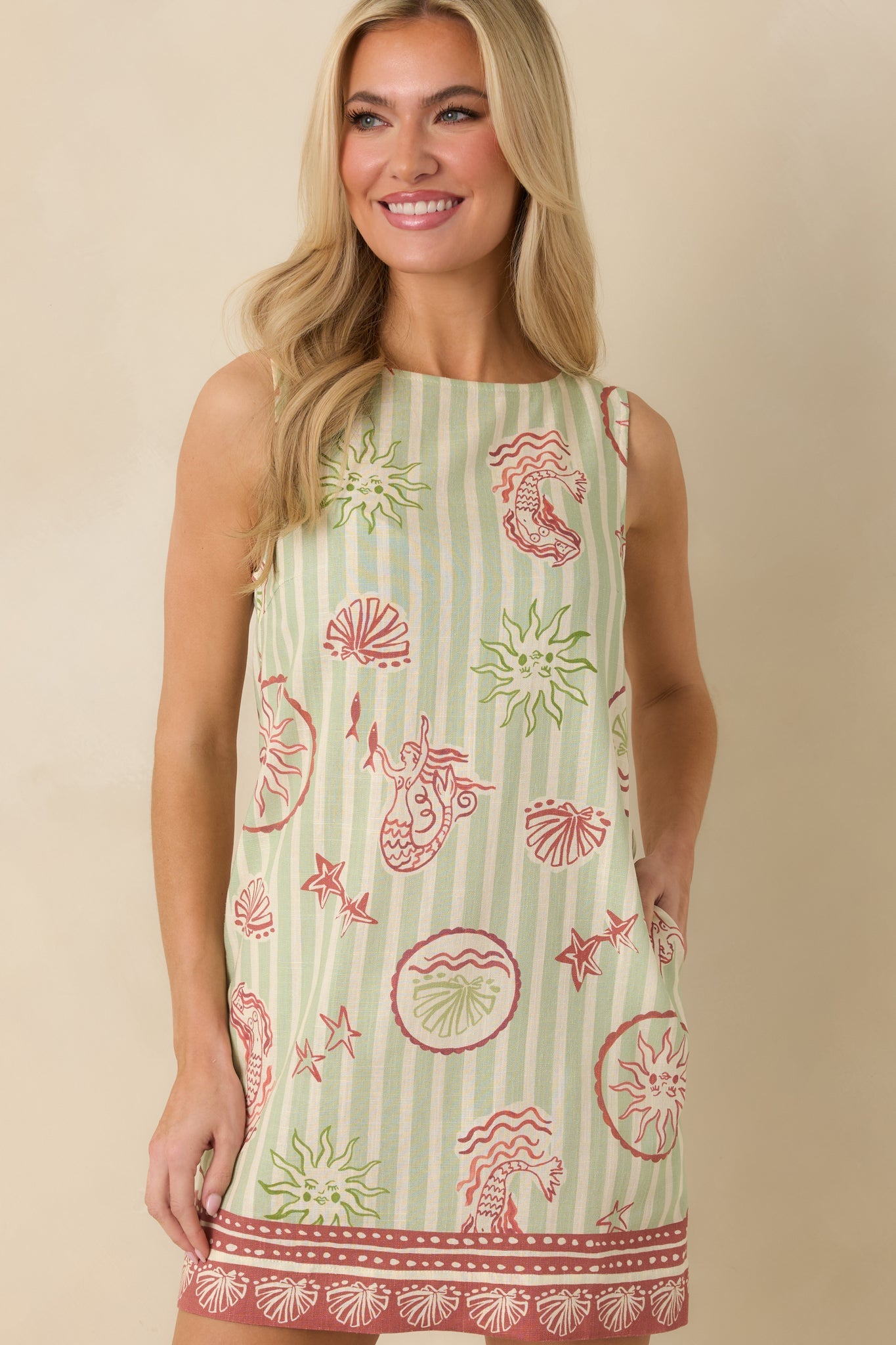 MINKPINK Soleil Green Stripe Linen Blend Shift Mini Dress