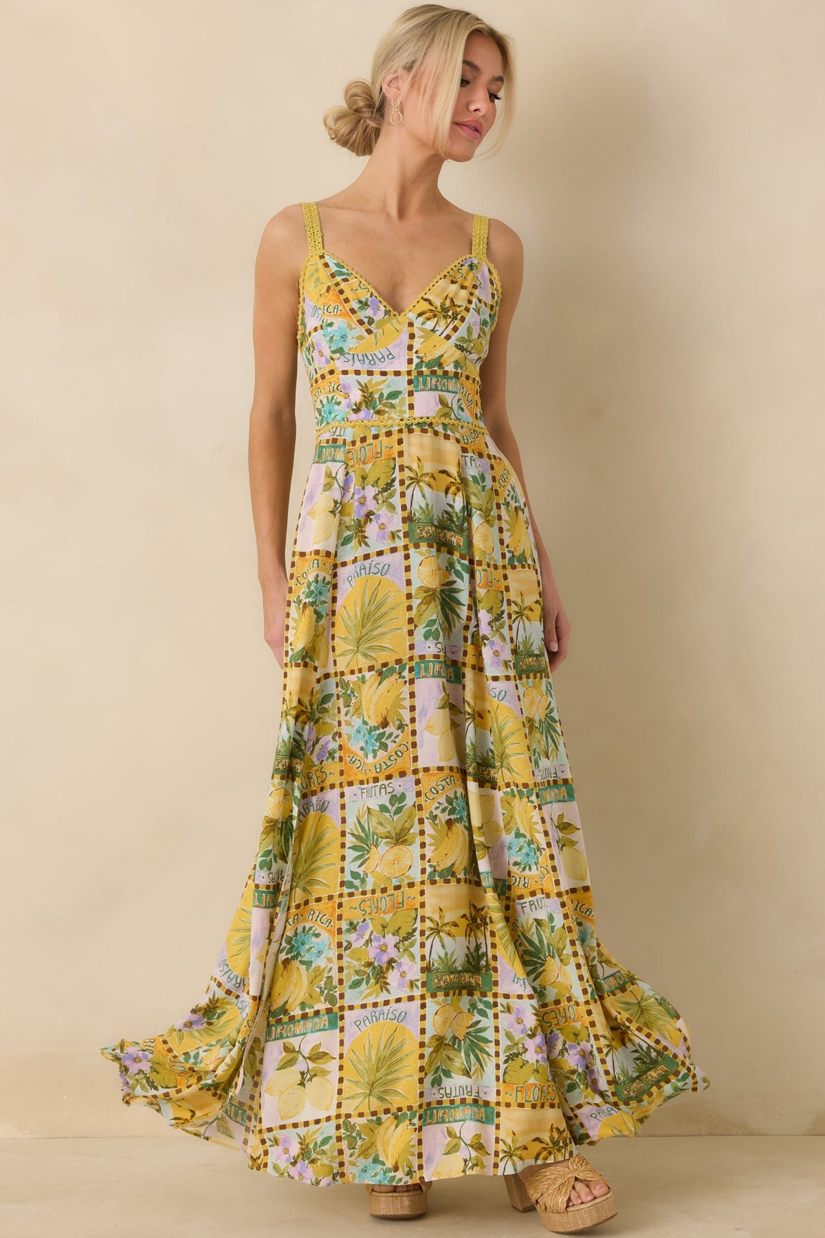 One To Remember Yellow Tropical Print Linen Blend Maxi Dress