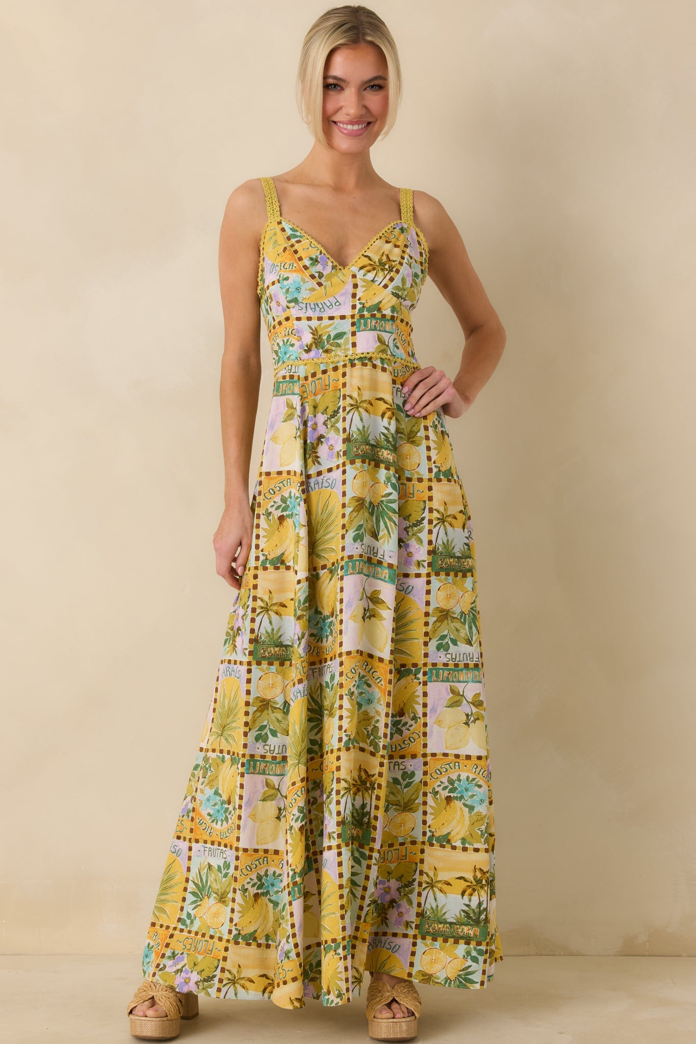 One To Remember Yellow Tropical Print Linen Blend Maxi Dress