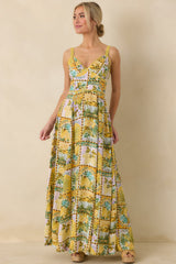 One To Remember Yellow Tropical Print Linen Blend Maxi Dress