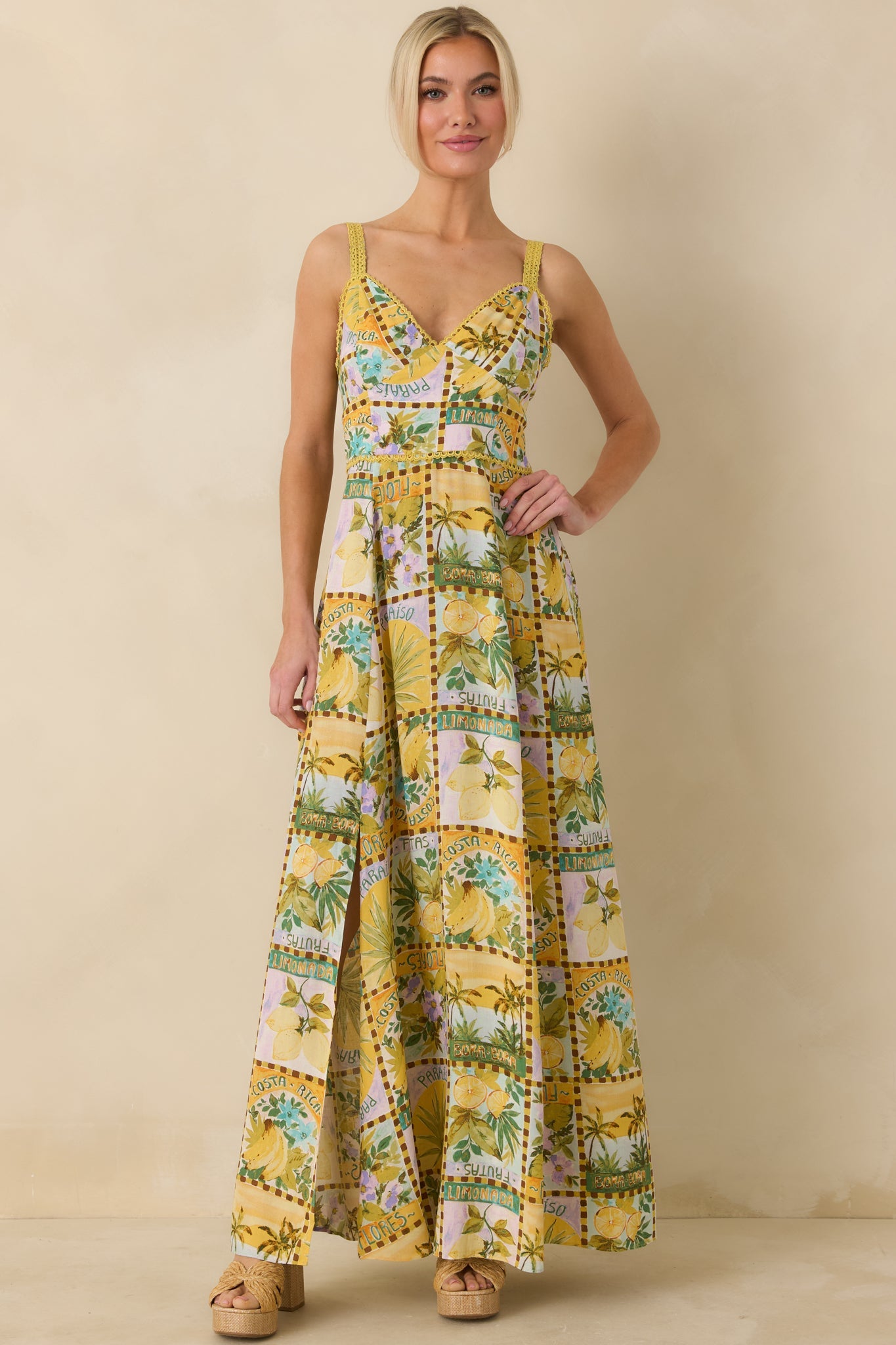 One To Remember Yellow Tropical Print Linen Blend Maxi Dress