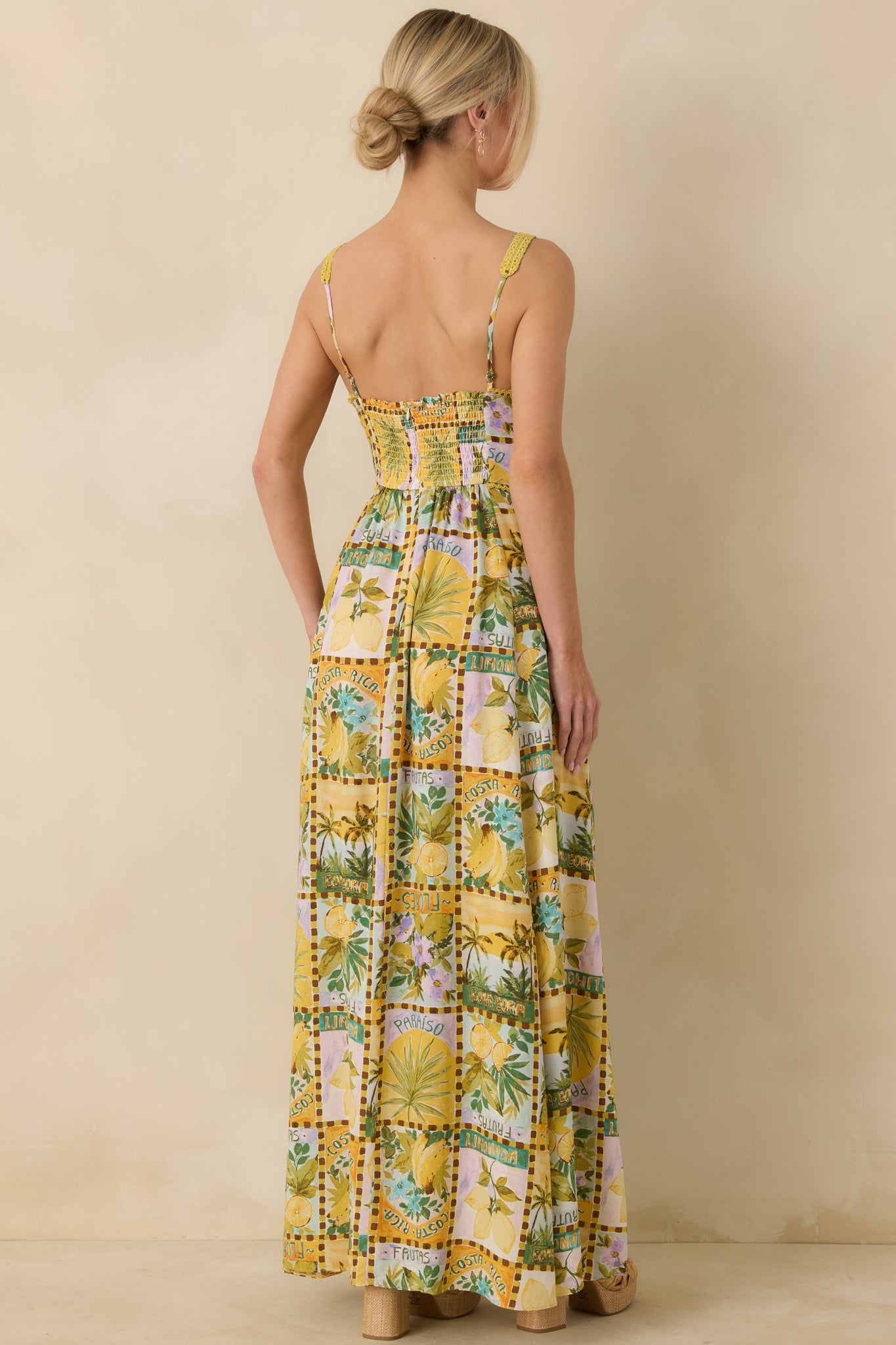 One To Remember Yellow Tropical Print Linen Blend Maxi Dress