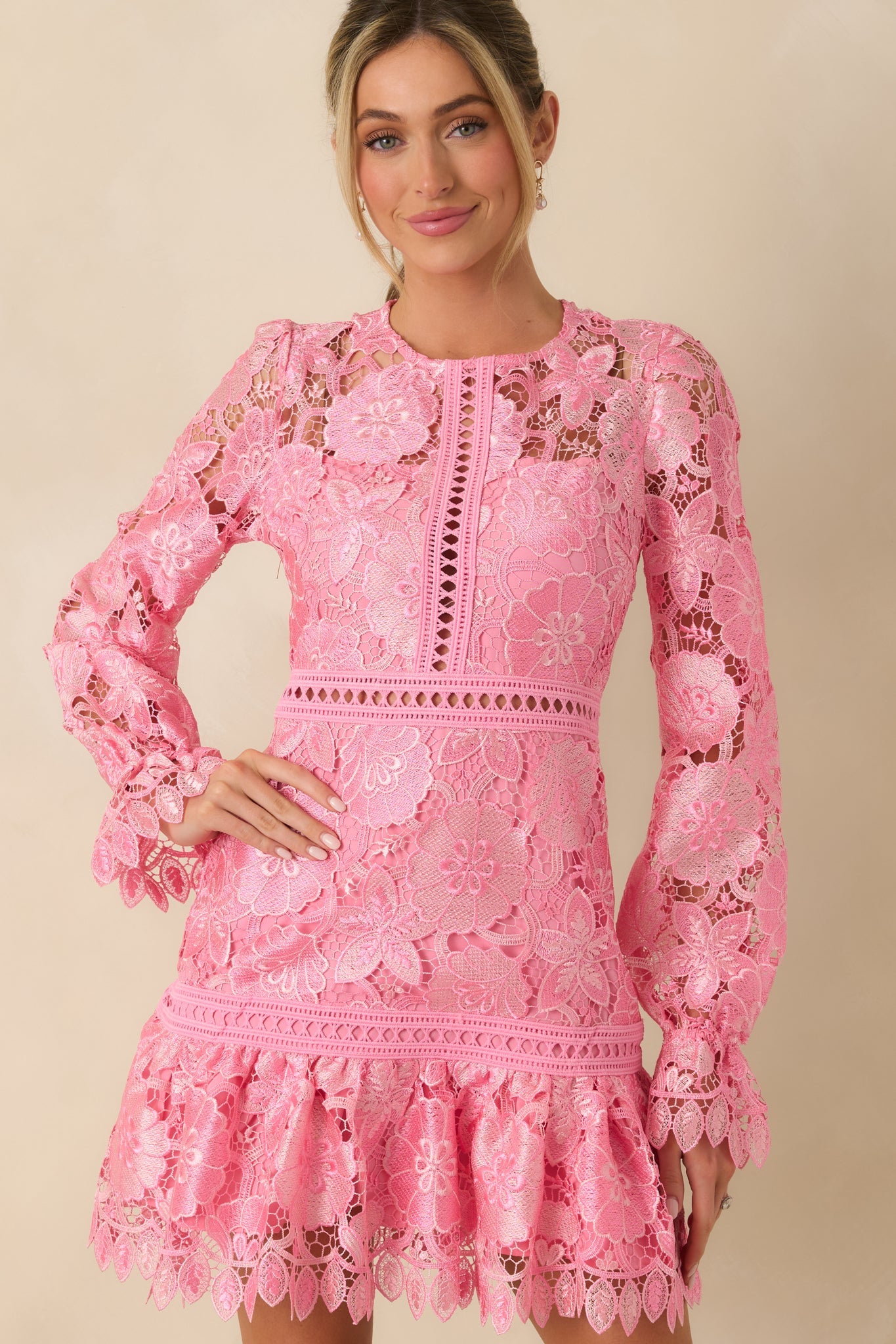 Keep It Authentic Pink Floral Embroidered Mini Dress