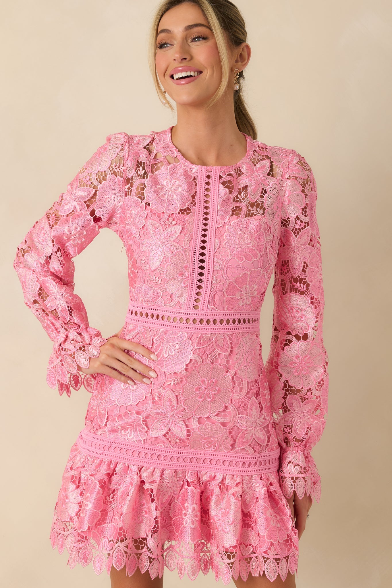 Keep It Authentic Pink Floral Embroidered Mini Dress