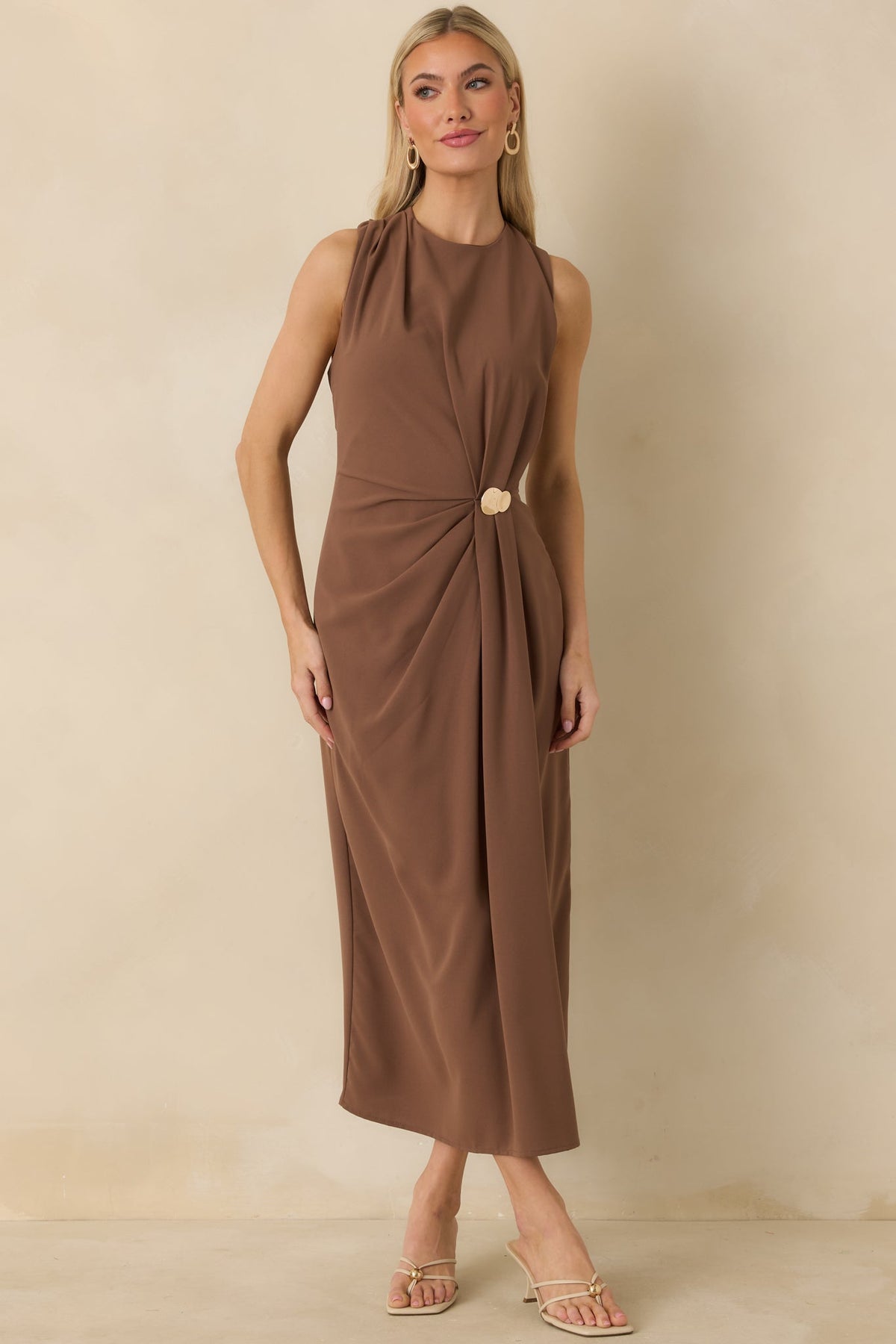 Move With Purpose Light Brown Ruched Maxi Dress