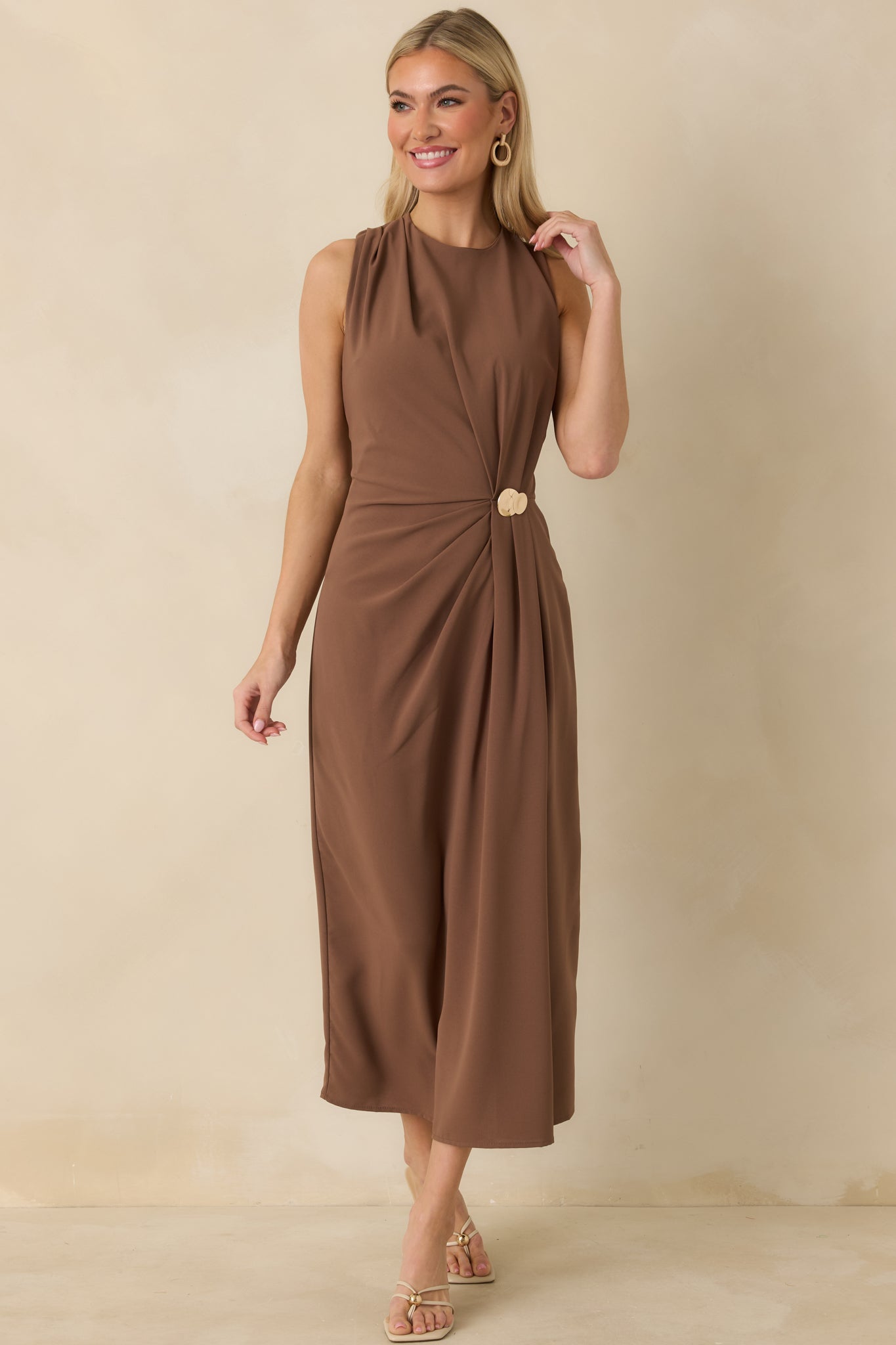Move With Purpose Light Brown Ruched Maxi Dress