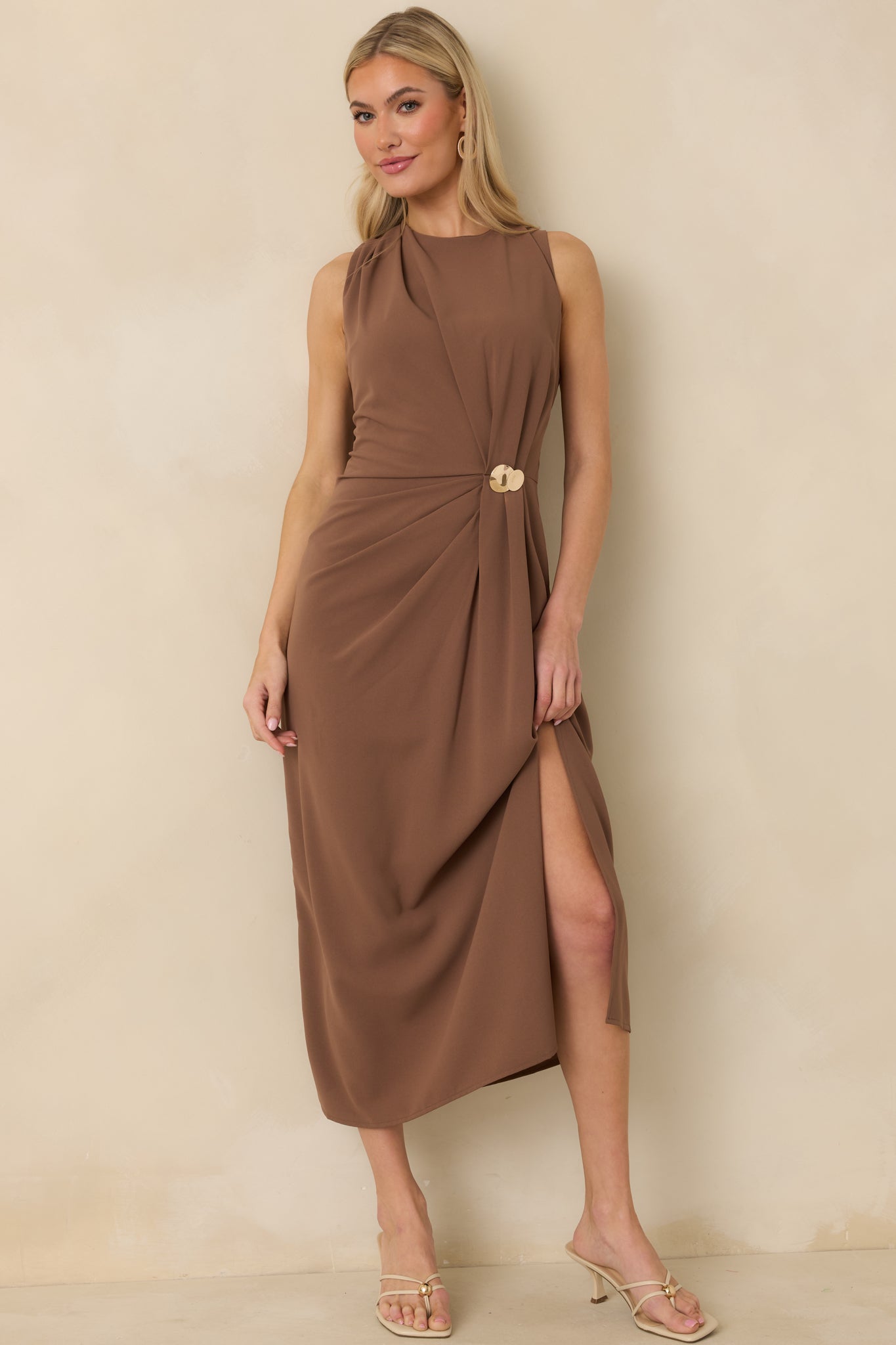 Move With Purpose Light Brown Ruched Maxi Dress