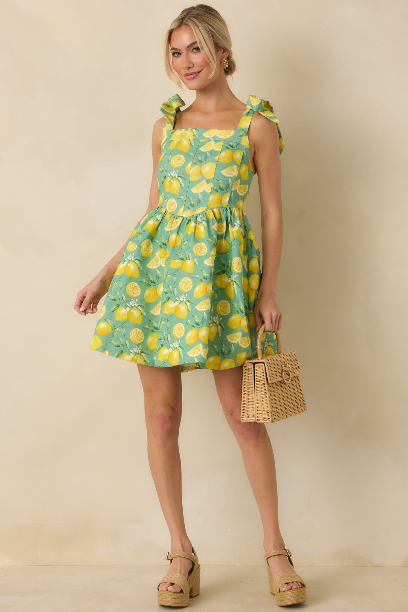 Sounds Like Fun Green Lemon Print Cotton Denim Mini Dress