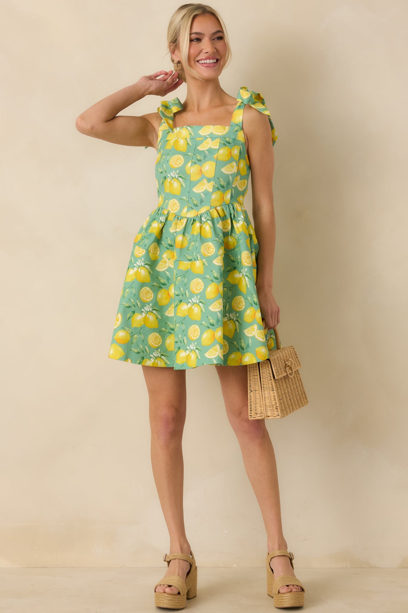 Sounds Like Fun Green Lemon Print Cotton Denim Mini Dress