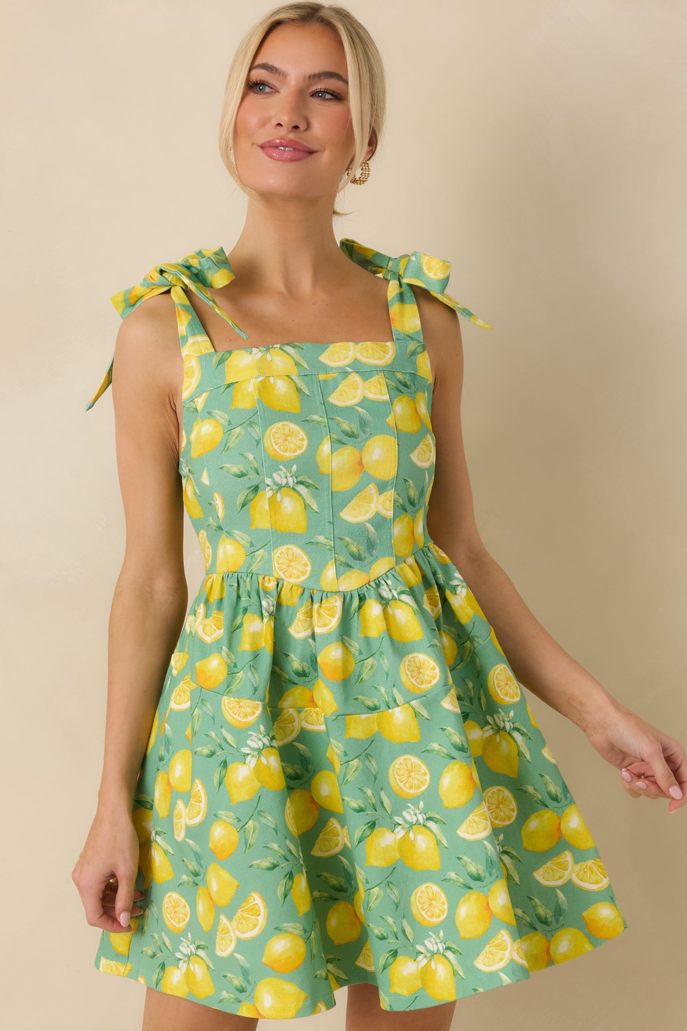 Sounds Like Fun Green Lemon Print Cotton Denim Mini Dress
