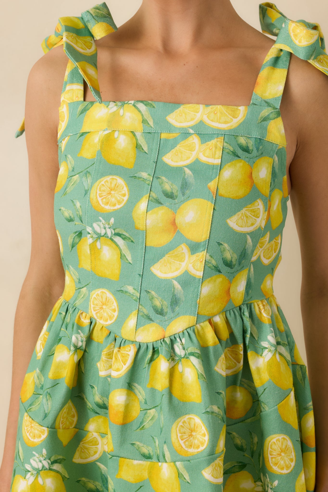 Sounds Like Fun Green Lemon Print Cotton Denim Mini Dress