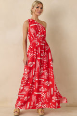 Anything Goes Red One Shoulder Geometric Floral Print Maxi Dress