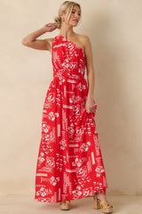Anything Goes Red One Shoulder Geometric Floral Print Maxi Dress