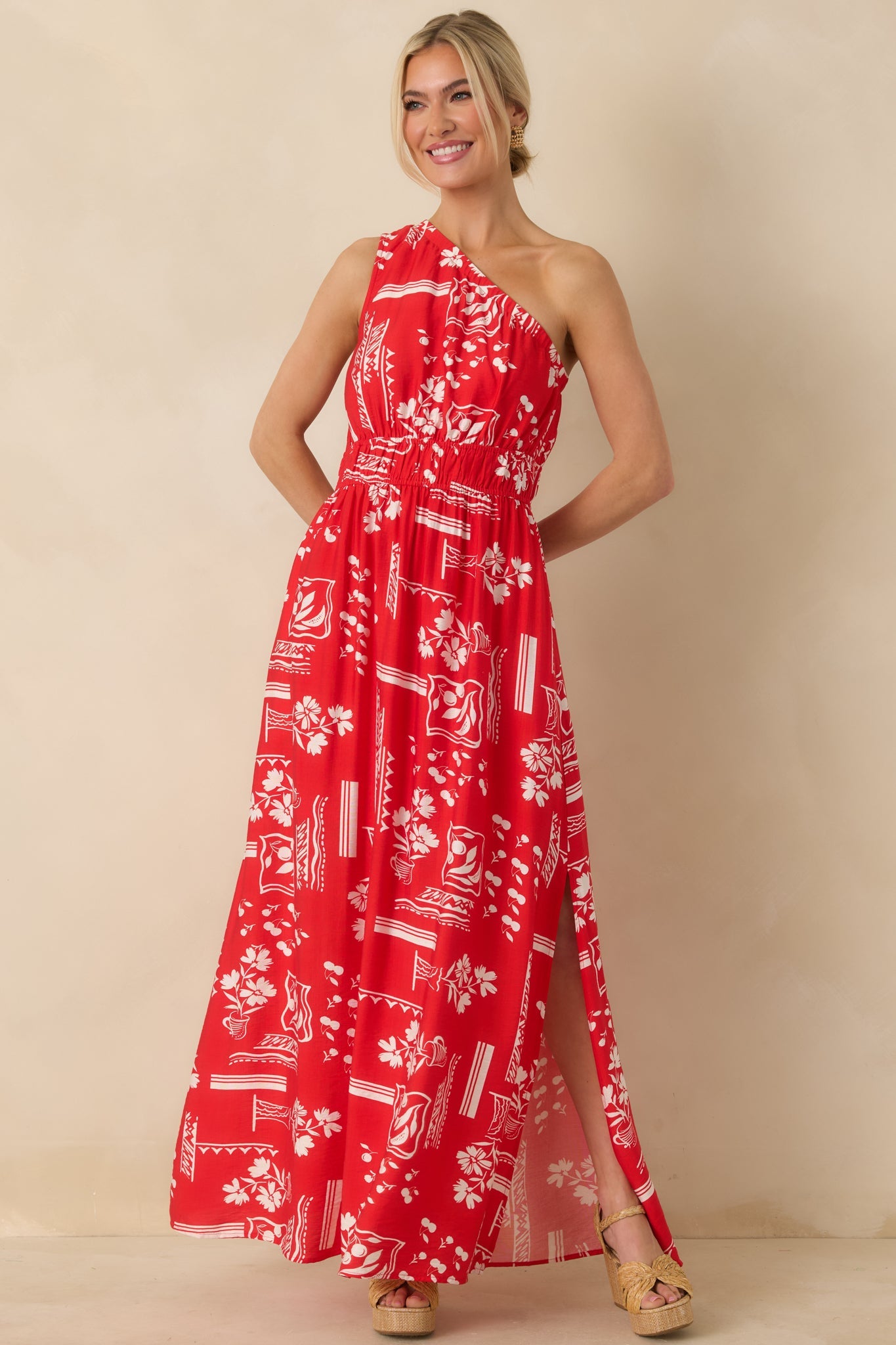 Anything Goes Red One Shoulder Geometric Floral Print Maxi Dress
