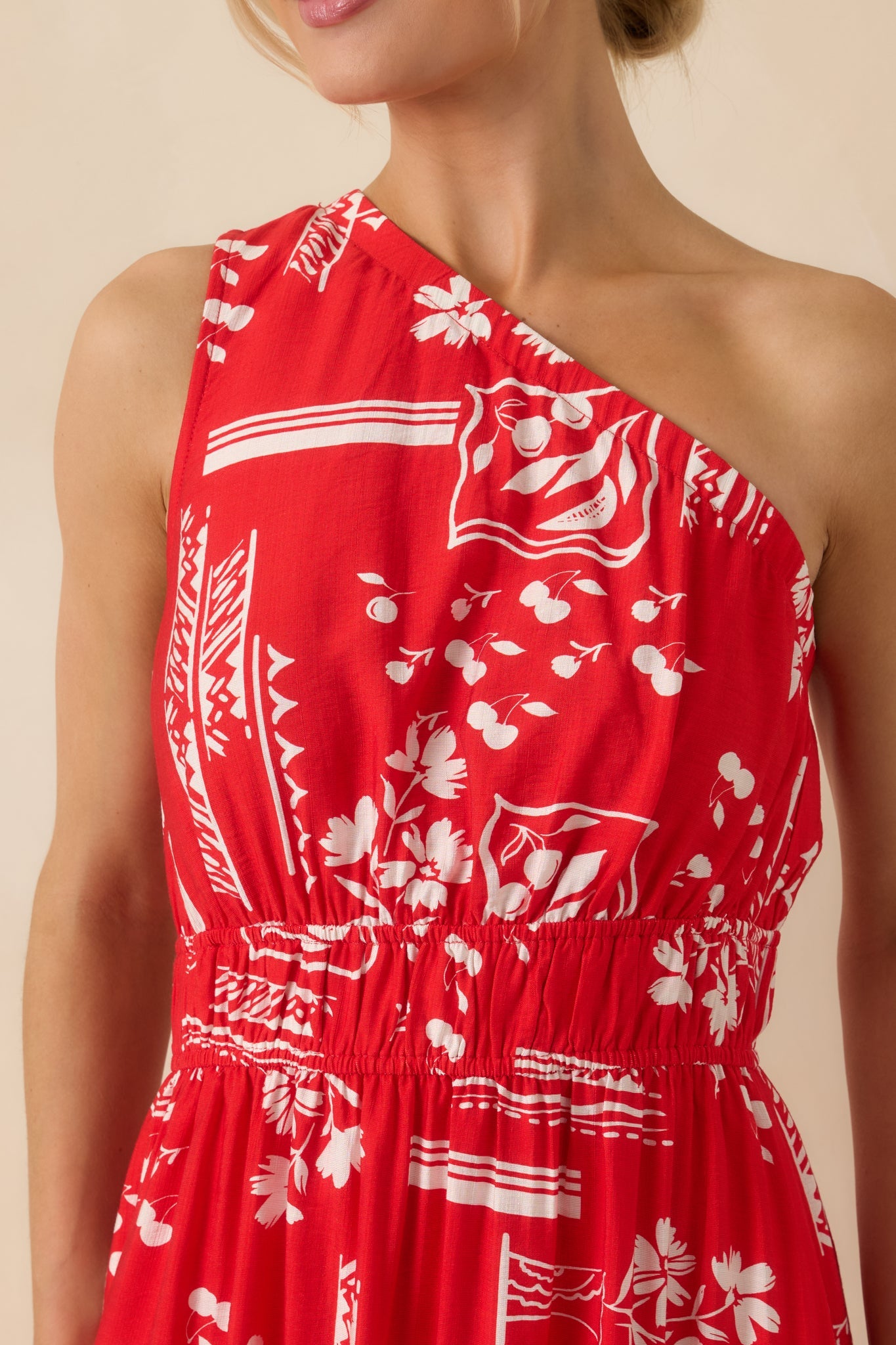 Anything Goes Red One Shoulder Geometric Floral Print Maxi Dress