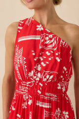 Anything Goes Red One Shoulder Geometric Floral Print Maxi Dress