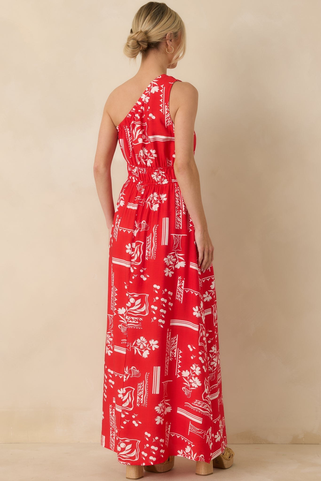 Anything Goes Red One Shoulder Geometric Floral Print Maxi Dress