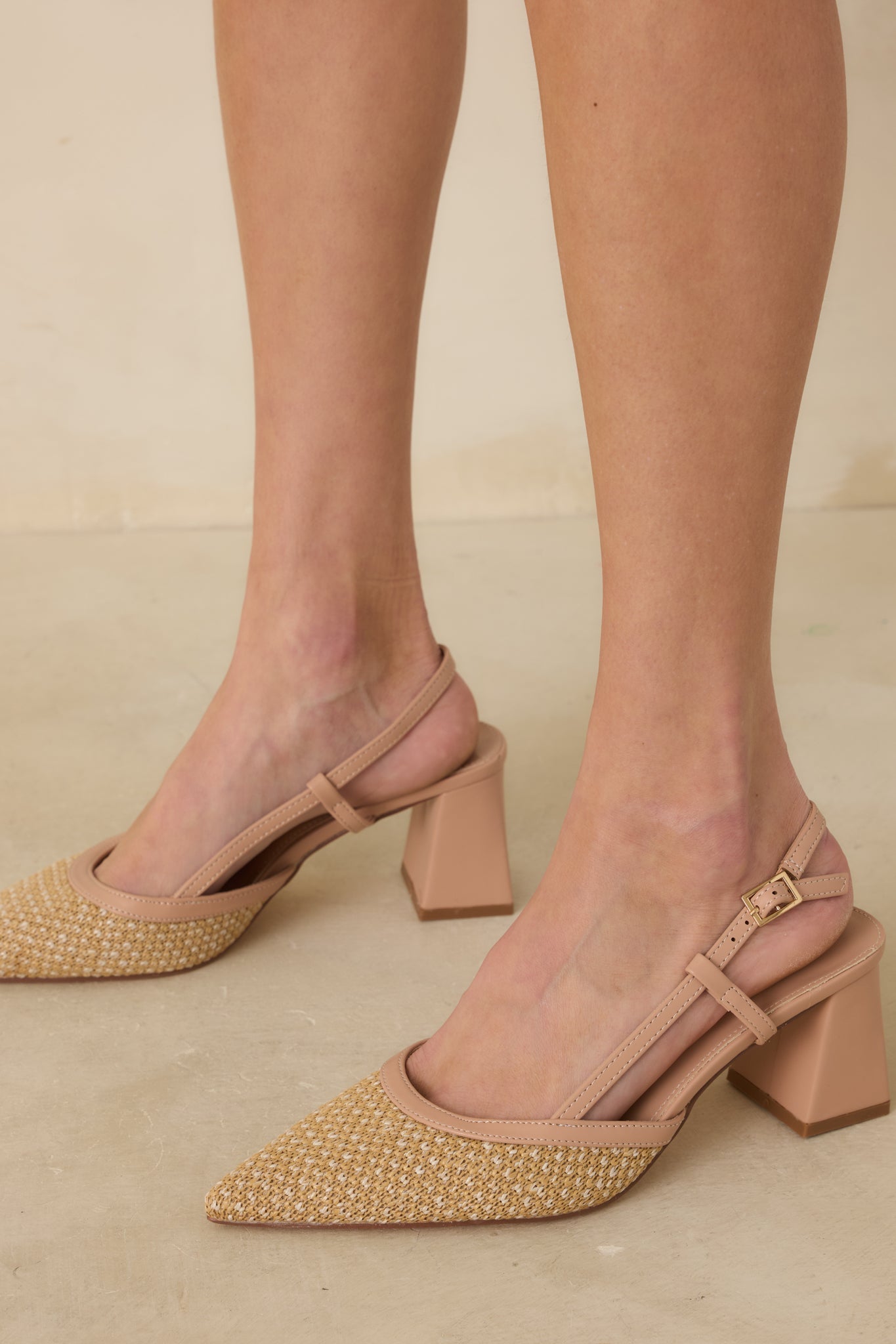 Keeping It Real Beige Woven Pointed-Toe Slingback Heels