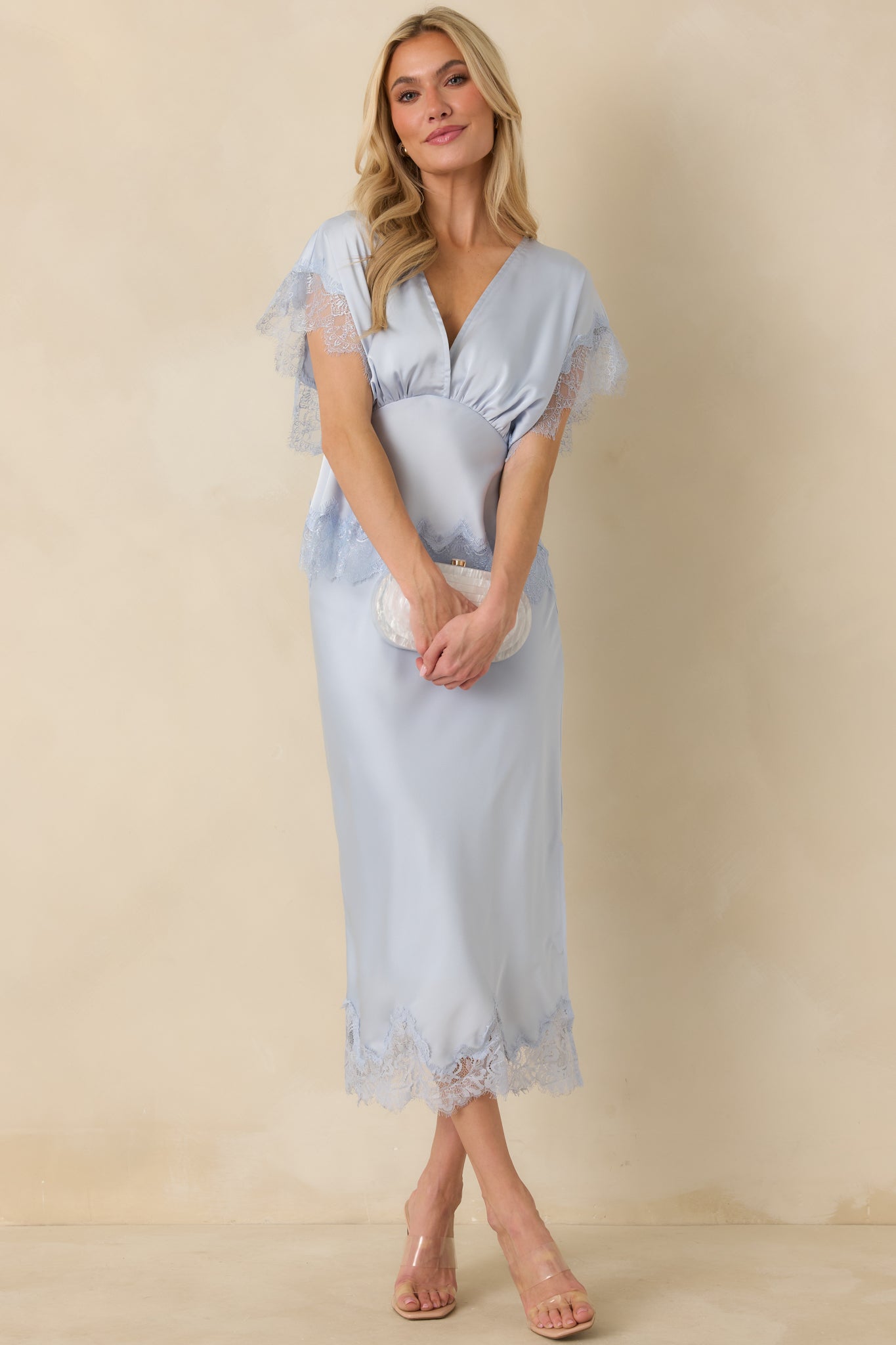A Serendipitous Moment Powder Blue Lace Trim V-Neck Blouse