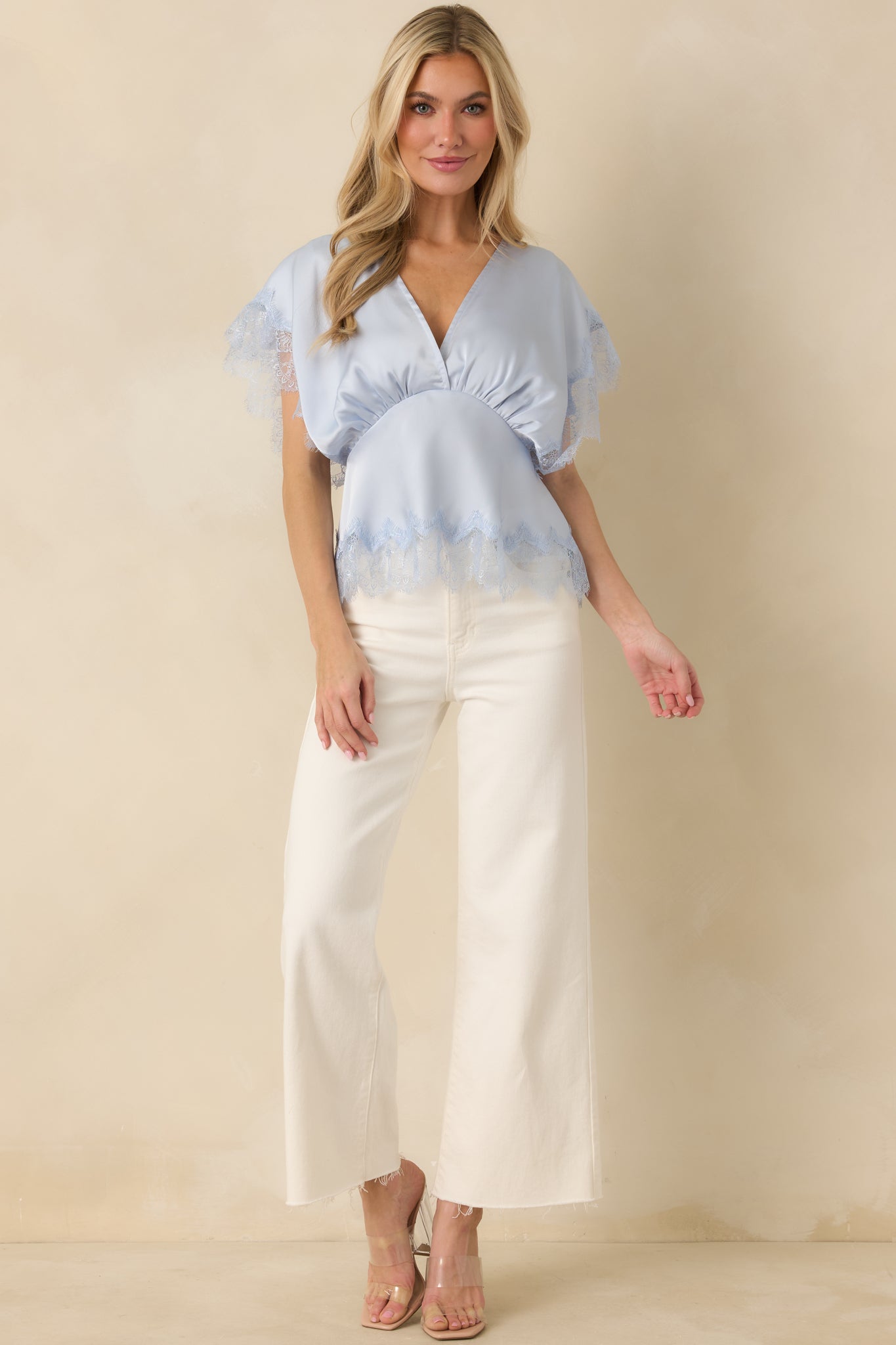A Serendipitous Moment Powder Blue Lace Trim V-Neck Blouse