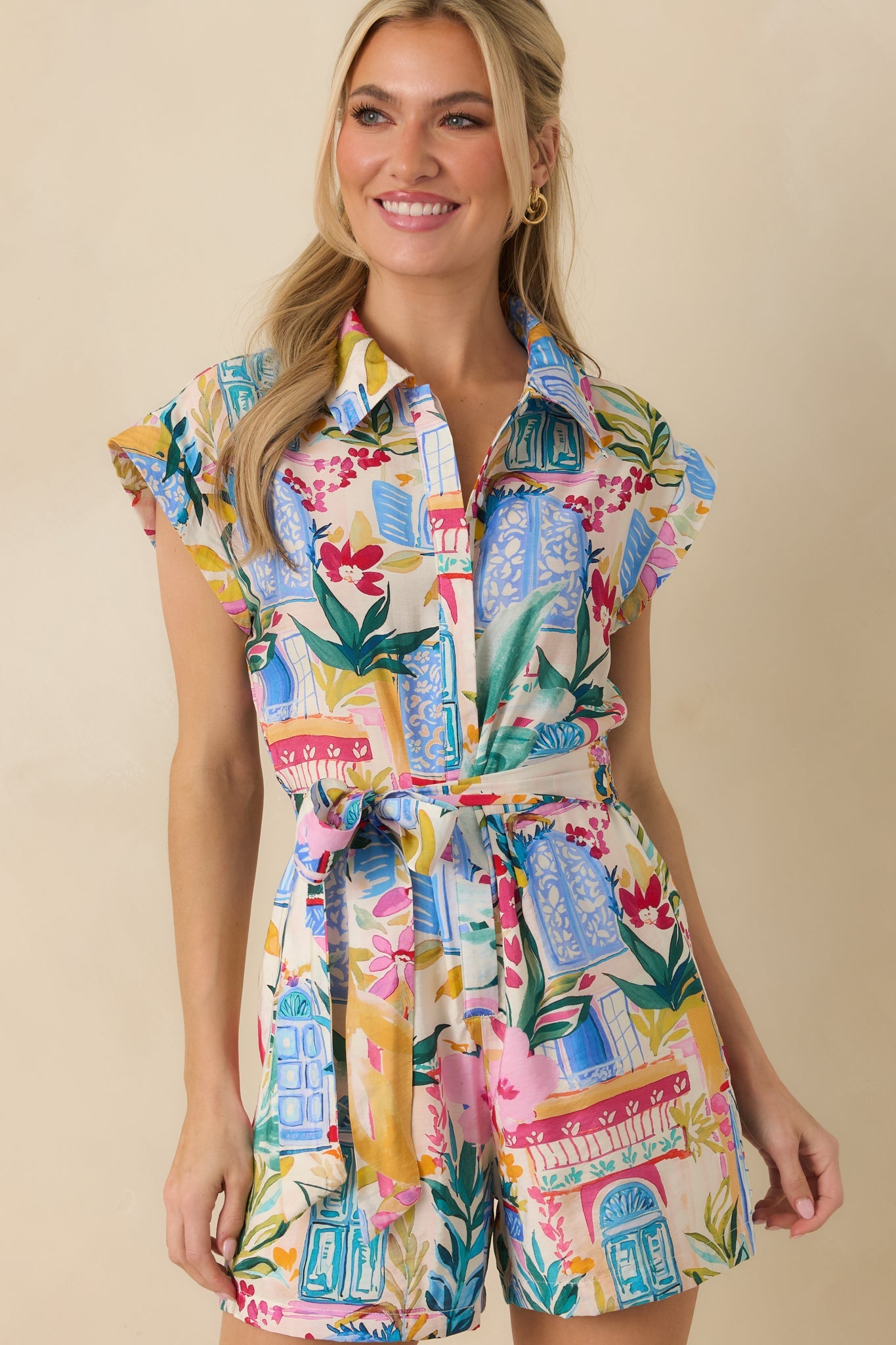 Walk To The Beach Blue Multi Tropical Print Romper