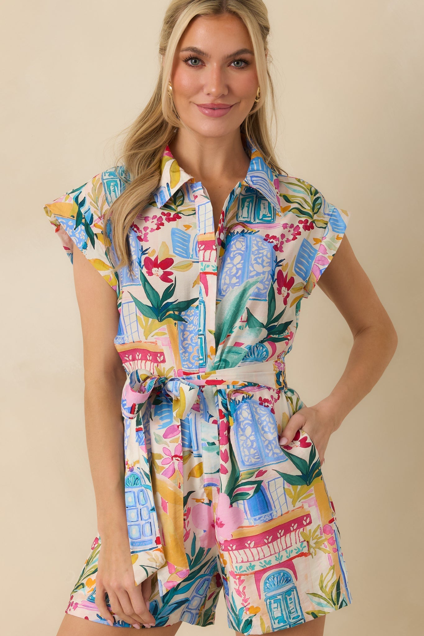 Walk To The Beach Blue Multi Tropical Print Romper