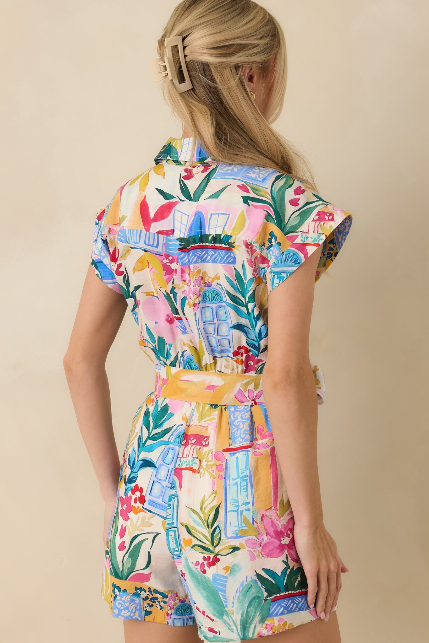 Walk To The Beach Blue Multi Tropical Print Romper