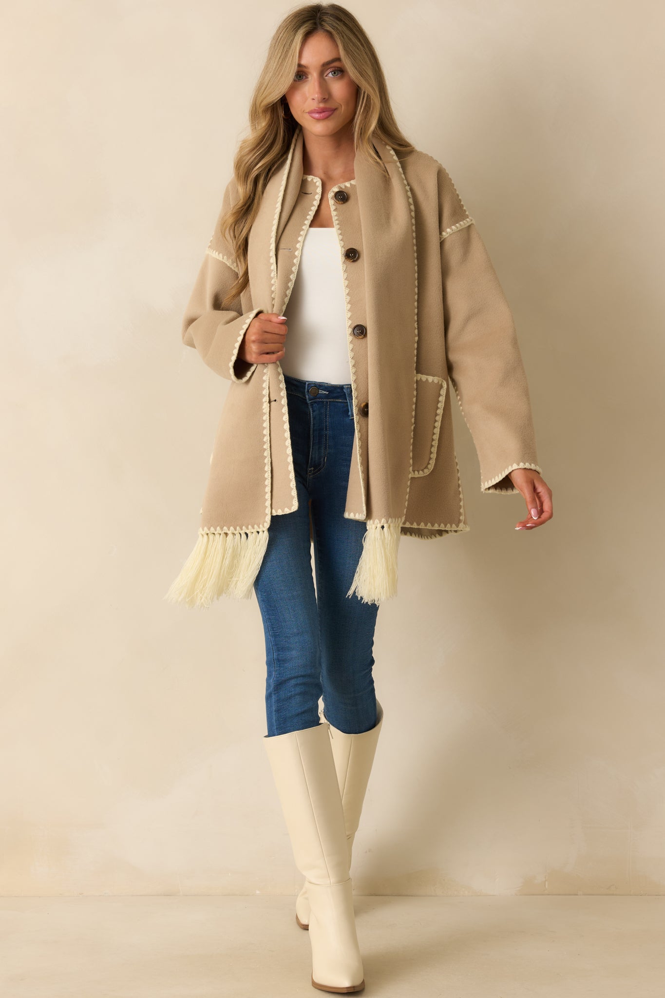 Coming Around Taupe Blanket Stitch Coat