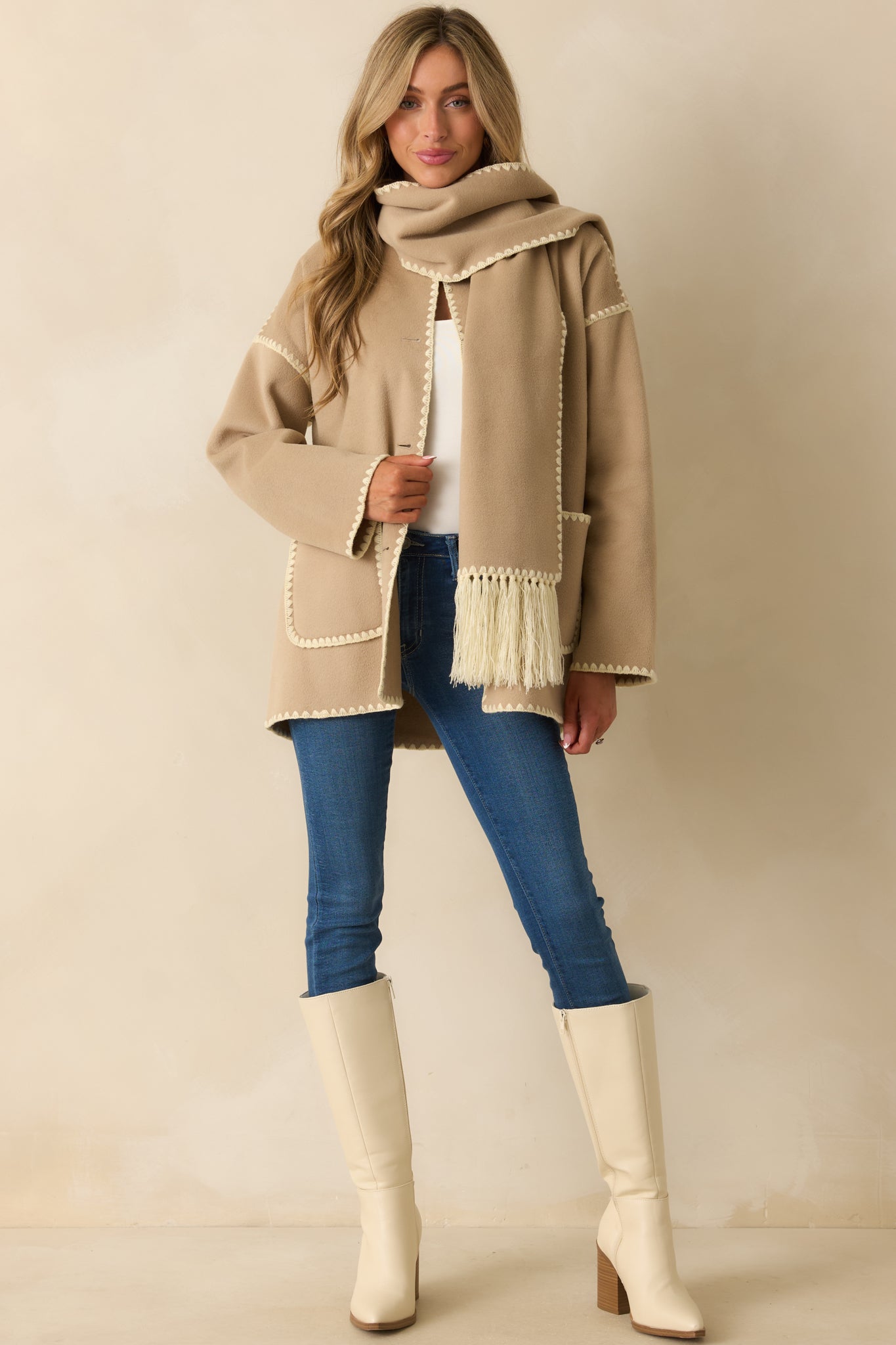 Coming Around Taupe Blanket Stitch Coat