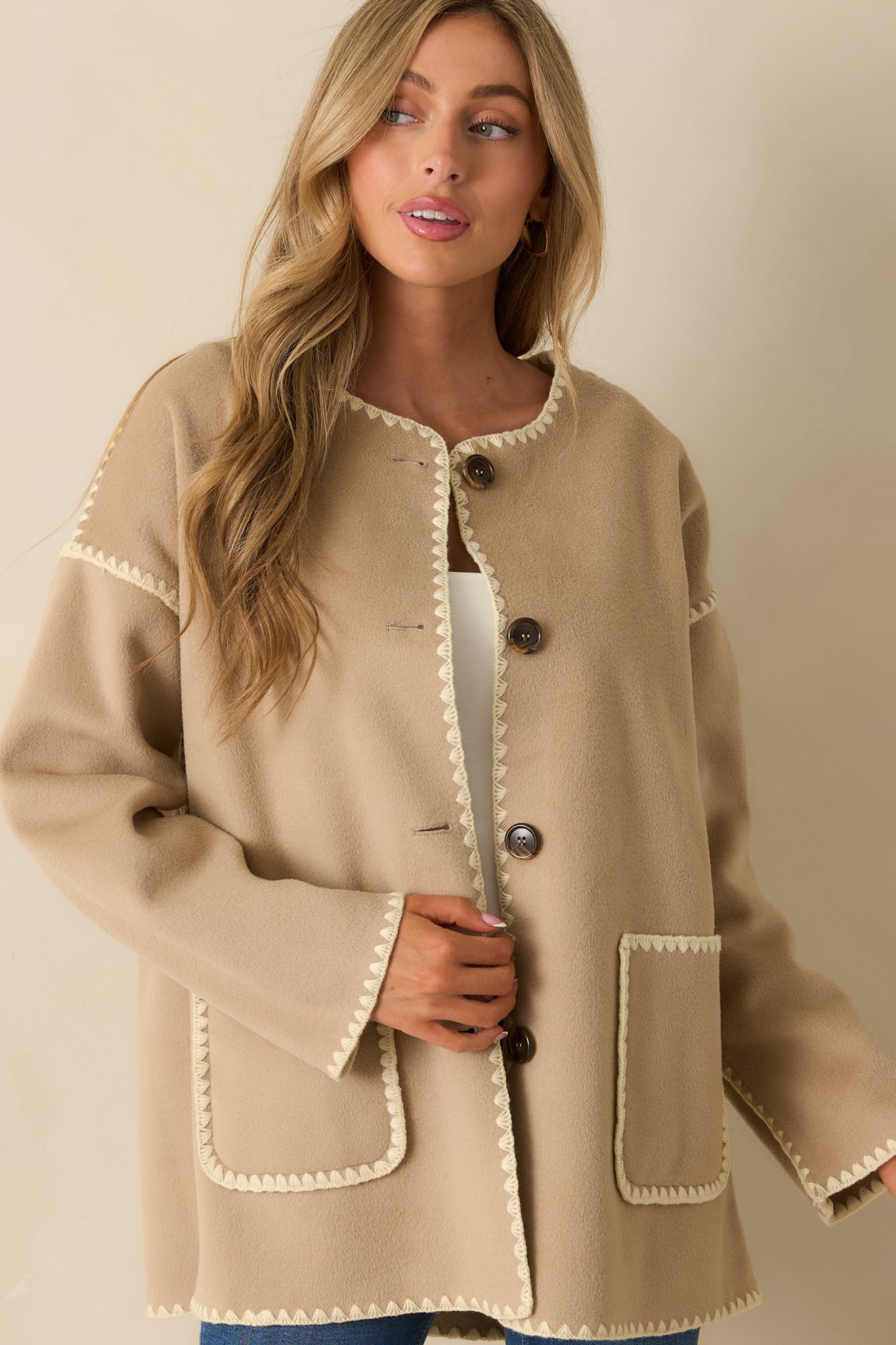 Coming Around Taupe Blanket Stitch Coat