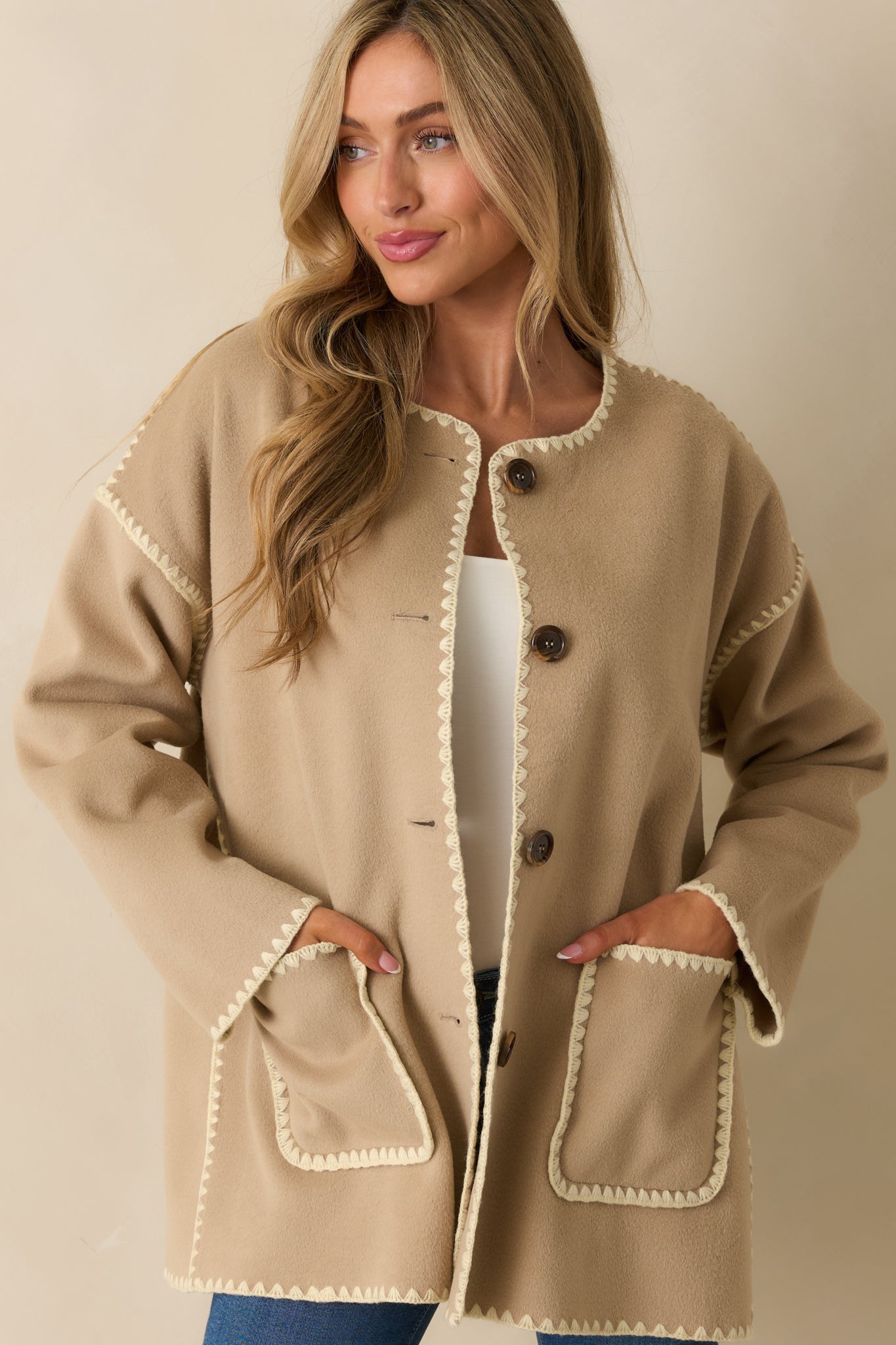 Coming Around Taupe Blanket Stitch Coat