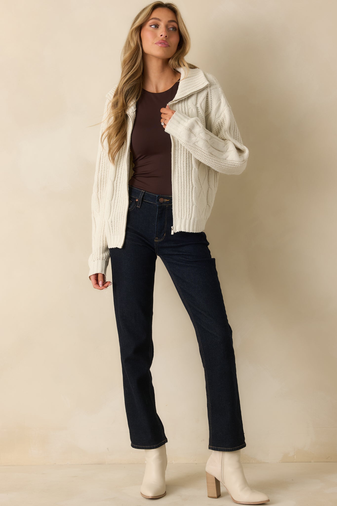 Better Believe It Ivory Cable Knit Zip Front Sweater Jacket